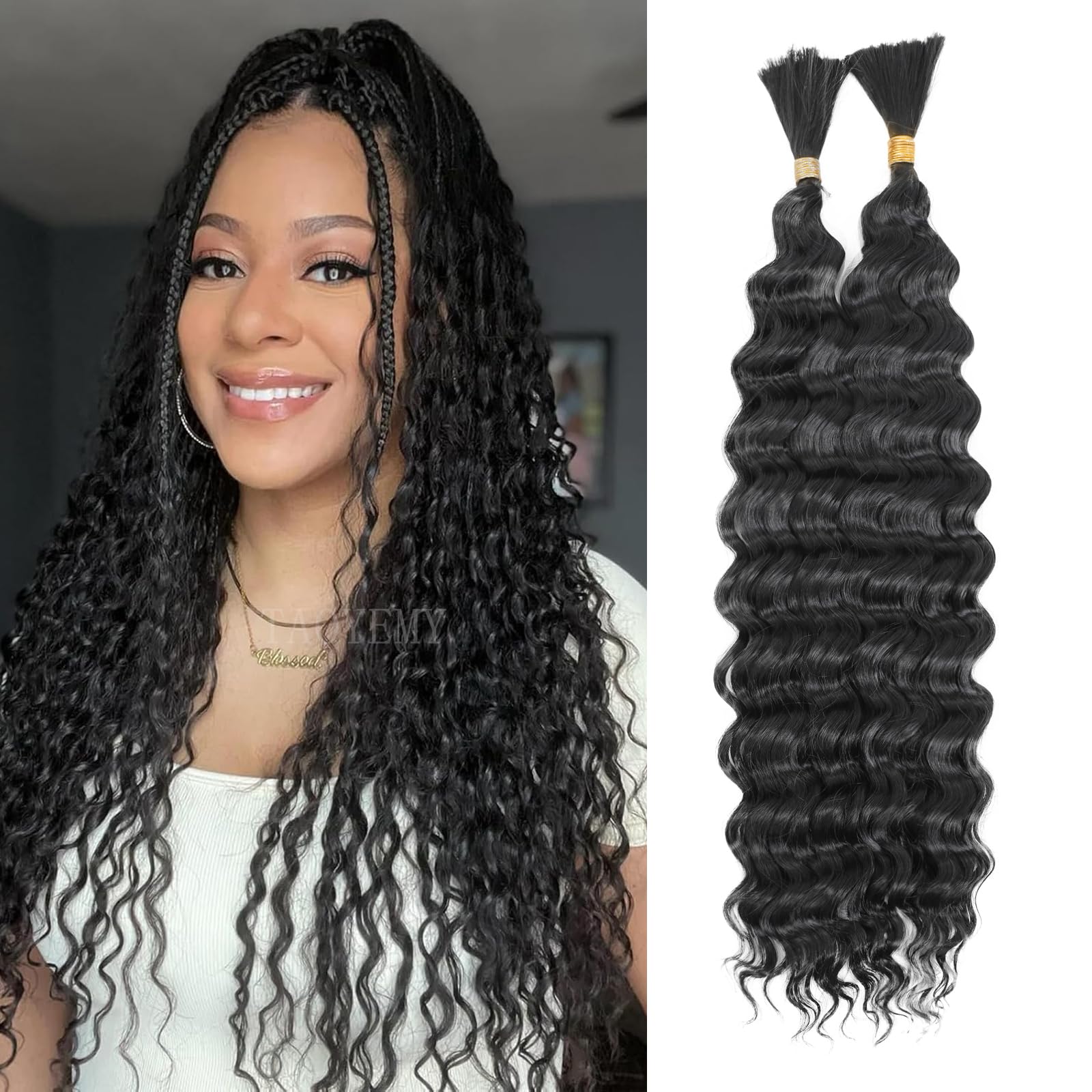 TAOYEMY Deep Wave Bulk Braiding Hair 100g*3pc (1 Pack-2 Bundles) No Weft Boho Braids Wet and Wavy Synthetic Hair Extension (1B