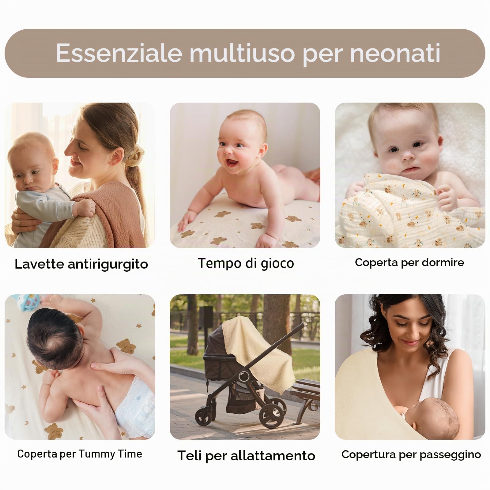 Panni di garza per neonati, 100% cotone, 60 x 60 cm, assorbenti e traspiranti, in mussola, set da 5 pezzi, per neonati, ragazzi e ragazze, orso marrone
