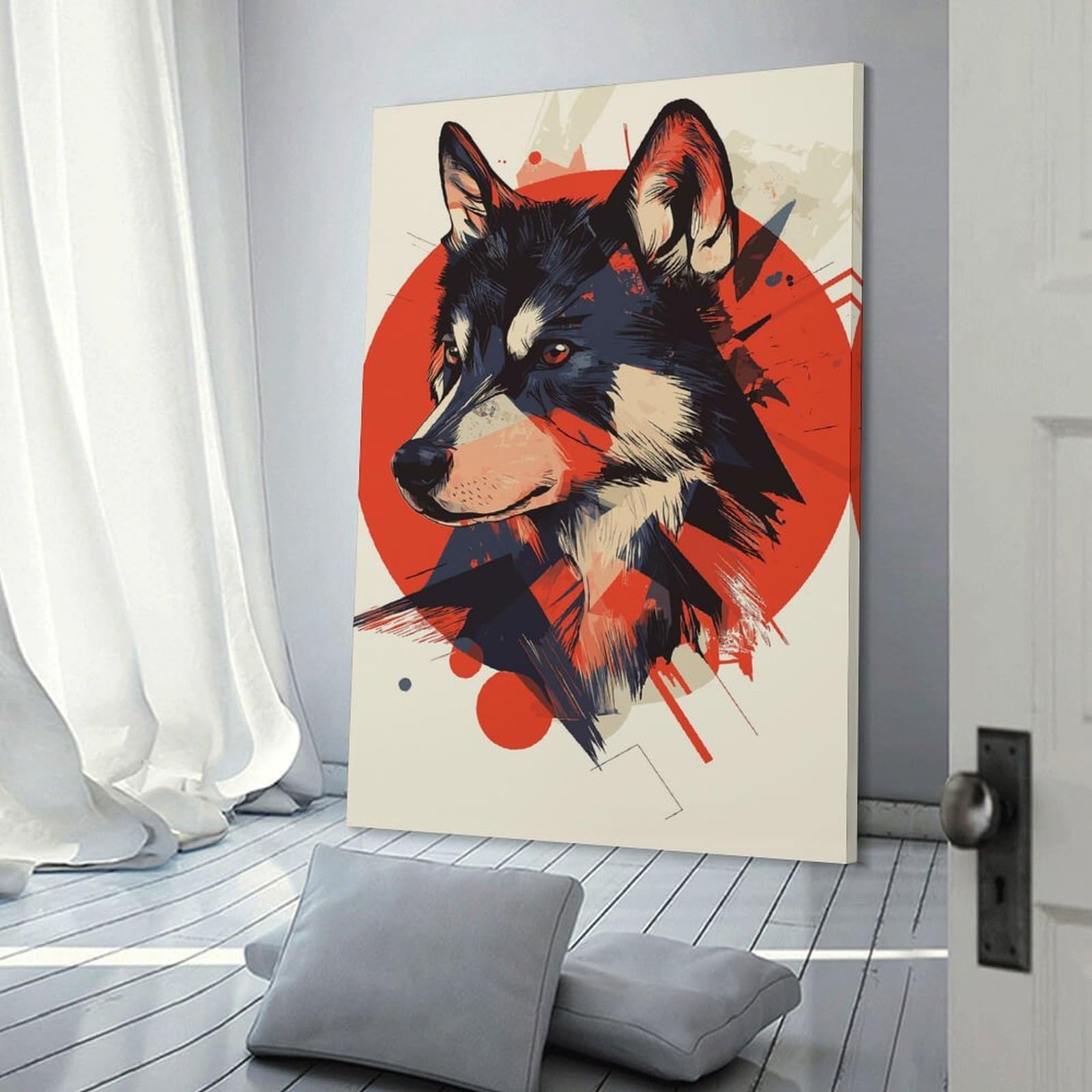 Junmoney Frame-Style-14 Canvas Wall Art Wolf Portrait In Red, 24X36inch(60X90cm), For Lounge, Study, Hallway Or Flat Walls, Canvas Wall Art That Fits Changing Layouts