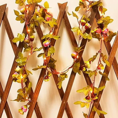 Vista 14 de Guirnalda de luces de rosas de 9.84 pies, funciona con pilas, luces de hadas de rosas artificiales, hojas de flores, vid, para interiores y Rosado