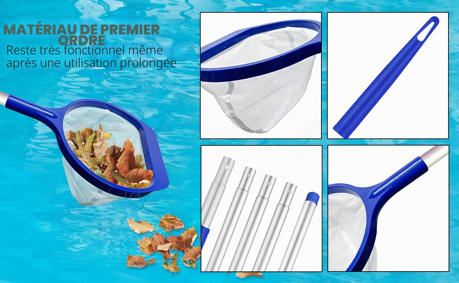 Epuisette Piscine Maille Extra Fine 141cm Filet avec Manche Telescopique