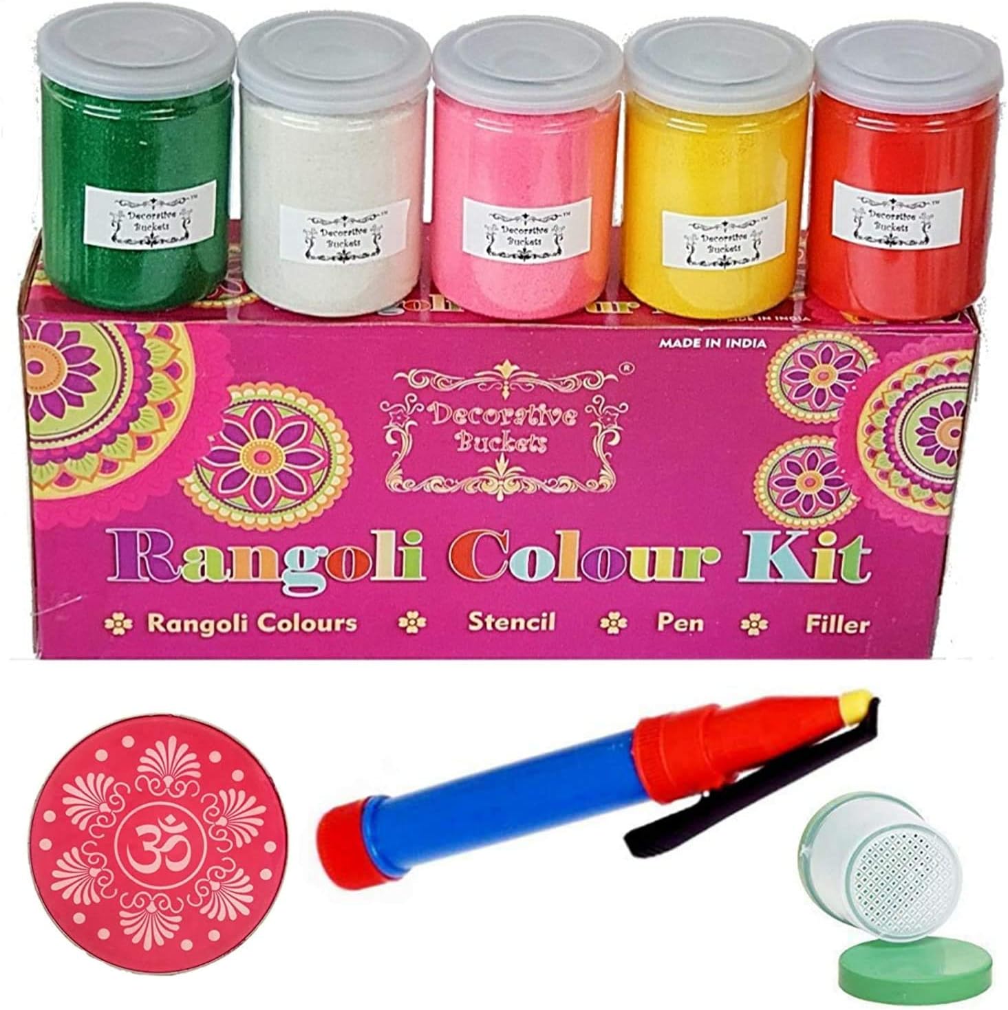 Decorative Buckets :RANGOLI|Rangoli COLORS KIT BOX l rangoli powder| s& art |Diwali Decorations|SET OF 5 COLORS RANGOLI KIT|RANGOLI FLOOR DECORATIONS|DIWALI GIFTS ,rangoli stencil, rangoli pen,filler