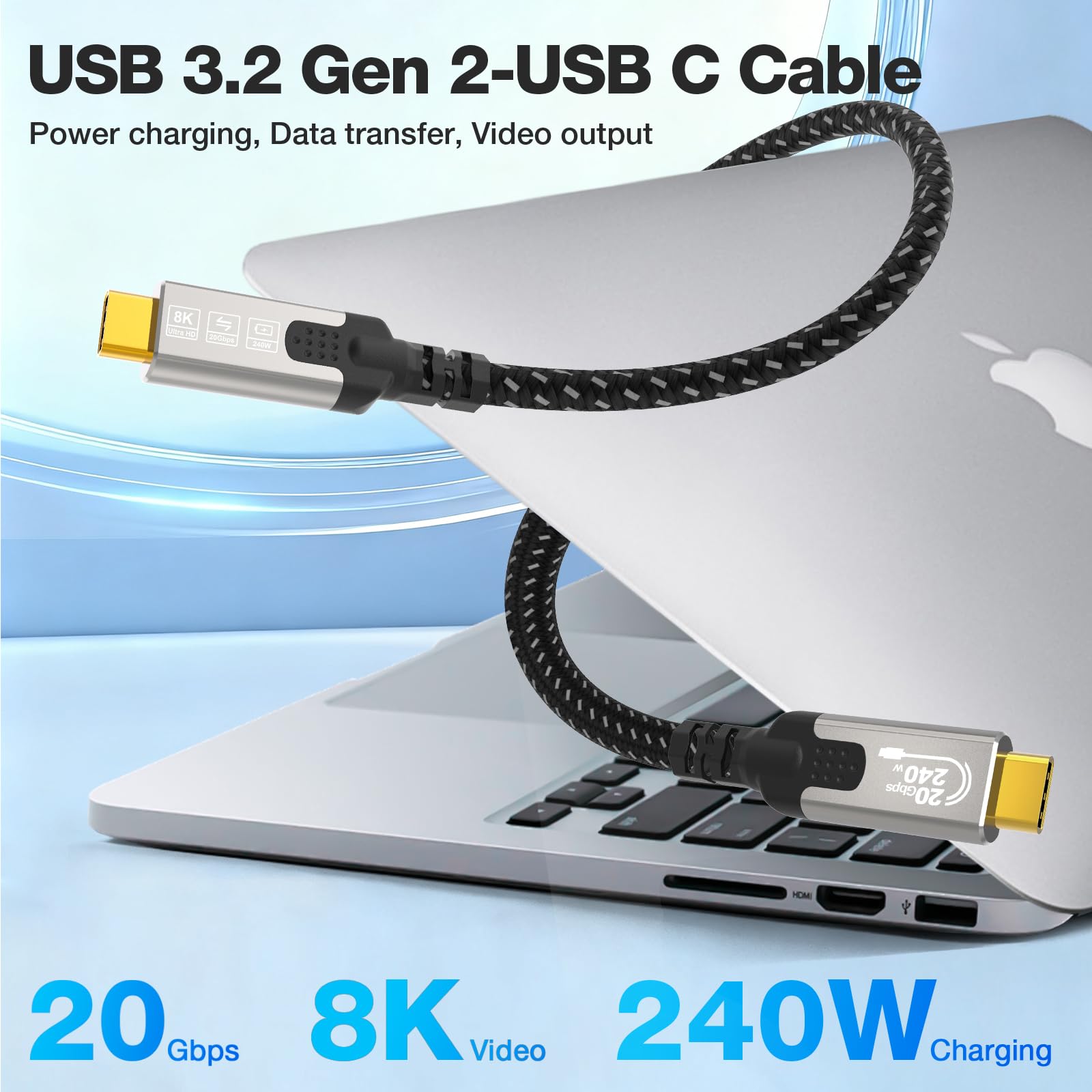CABLAPTOP cavo usb c 3 metri,Cavo USB C 3.2 Gen2x2, 20Gbps Cavo Dati USB Type C, Cavo USB C a USB C, PD3.1 240W 48V/5A, Cavo Video 8K@30Hz/4K@60Hz per MacBook Pro, iPad Pro, Dock, PSSD, Monito