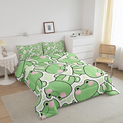 Miniatura 2 de Juego de edredón de ranas tamaño matrimonial, juego de ropa de cama de rana de dibujos animados para niños, niñas y adolescentes, edredón de plumón