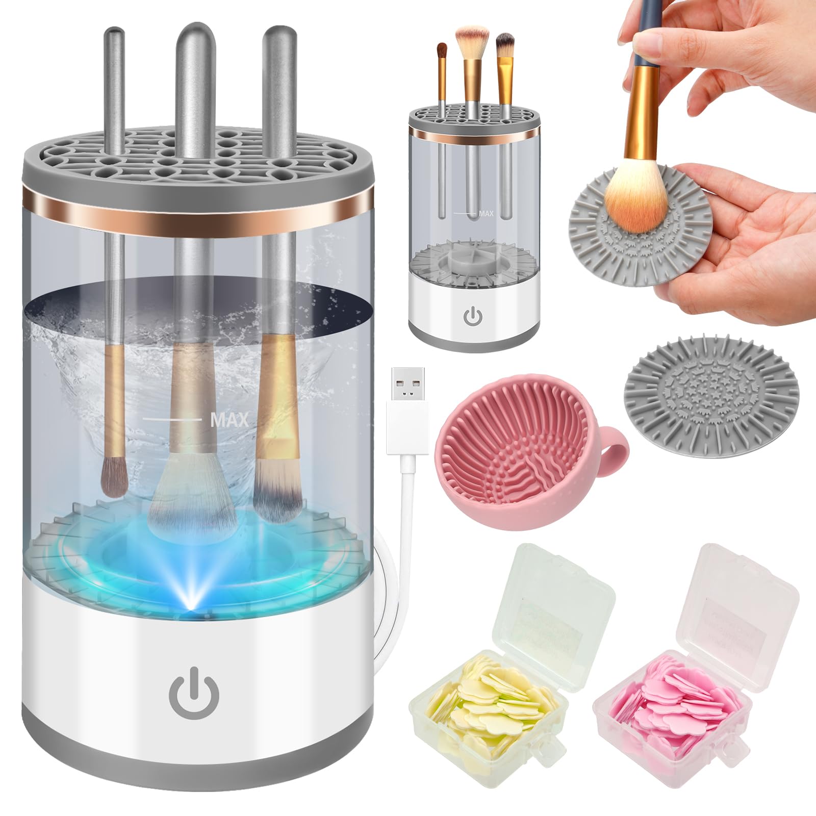 Elektrischer Make-up Pinselreiniger USB Trockner mit Silikon-Reinigungspads und Seifentabletten