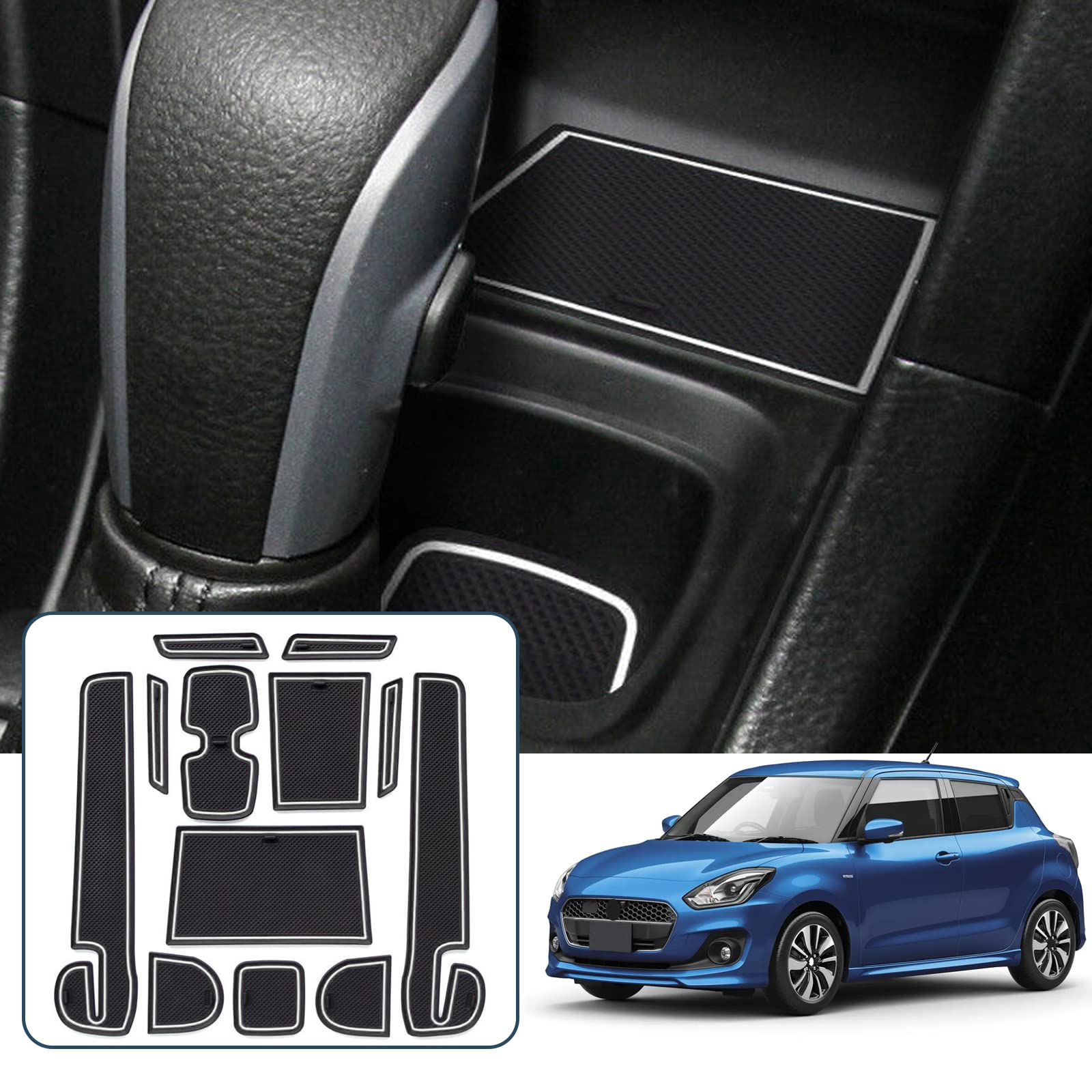 Ruiya Compatible with Suzuki Swift MK6 2017-2023 Car Rubber Mats Door Slot Mat, Swift MK6 Non-Slip Mats Armrest Cup Holder Mat Centre Console Non-Slip Mats Door Seam Non-Slip Mat