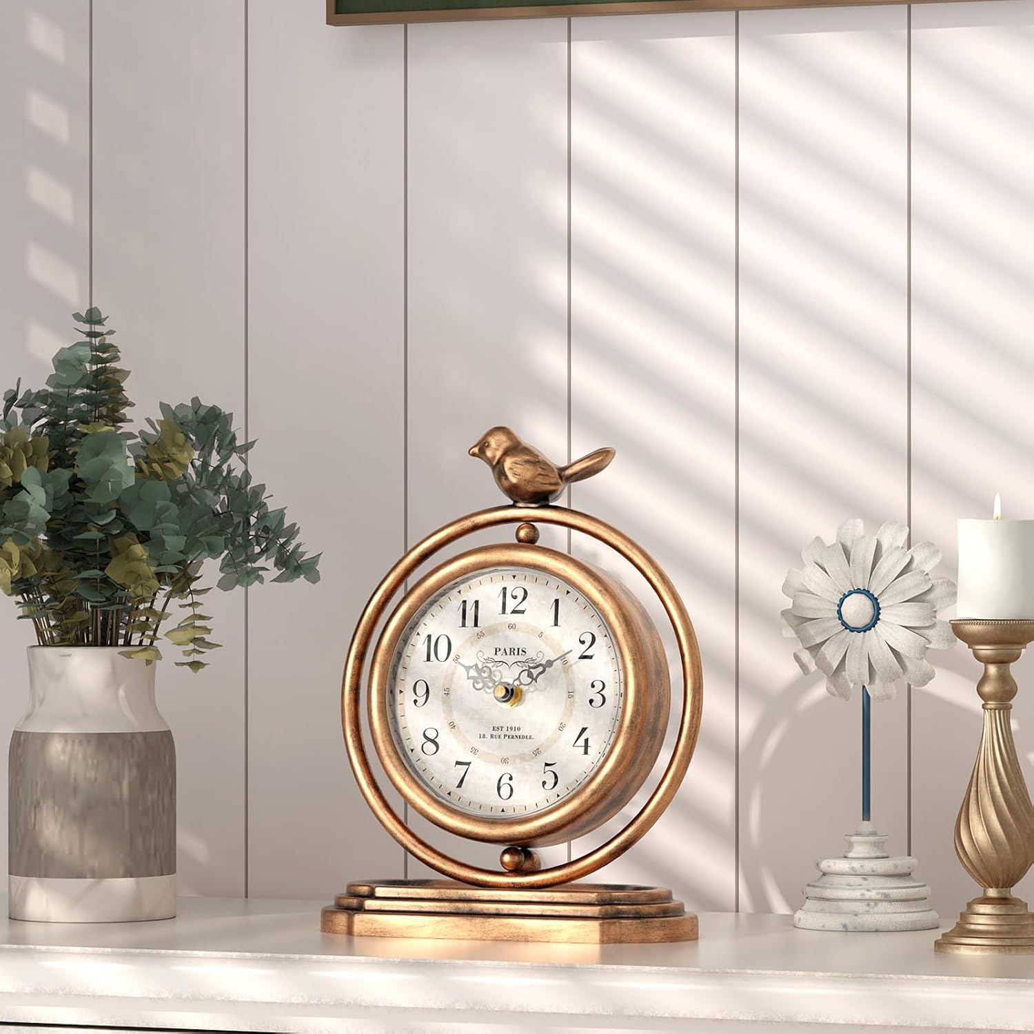 Gold Vintage Table Clock with Bird, European Retro Style Mantel Clocks, Desk and Shelf Decor Clock, for Living Room, Farmhouse, Bedside, Bedroom, Gift (7.9 H x 6.3 W)