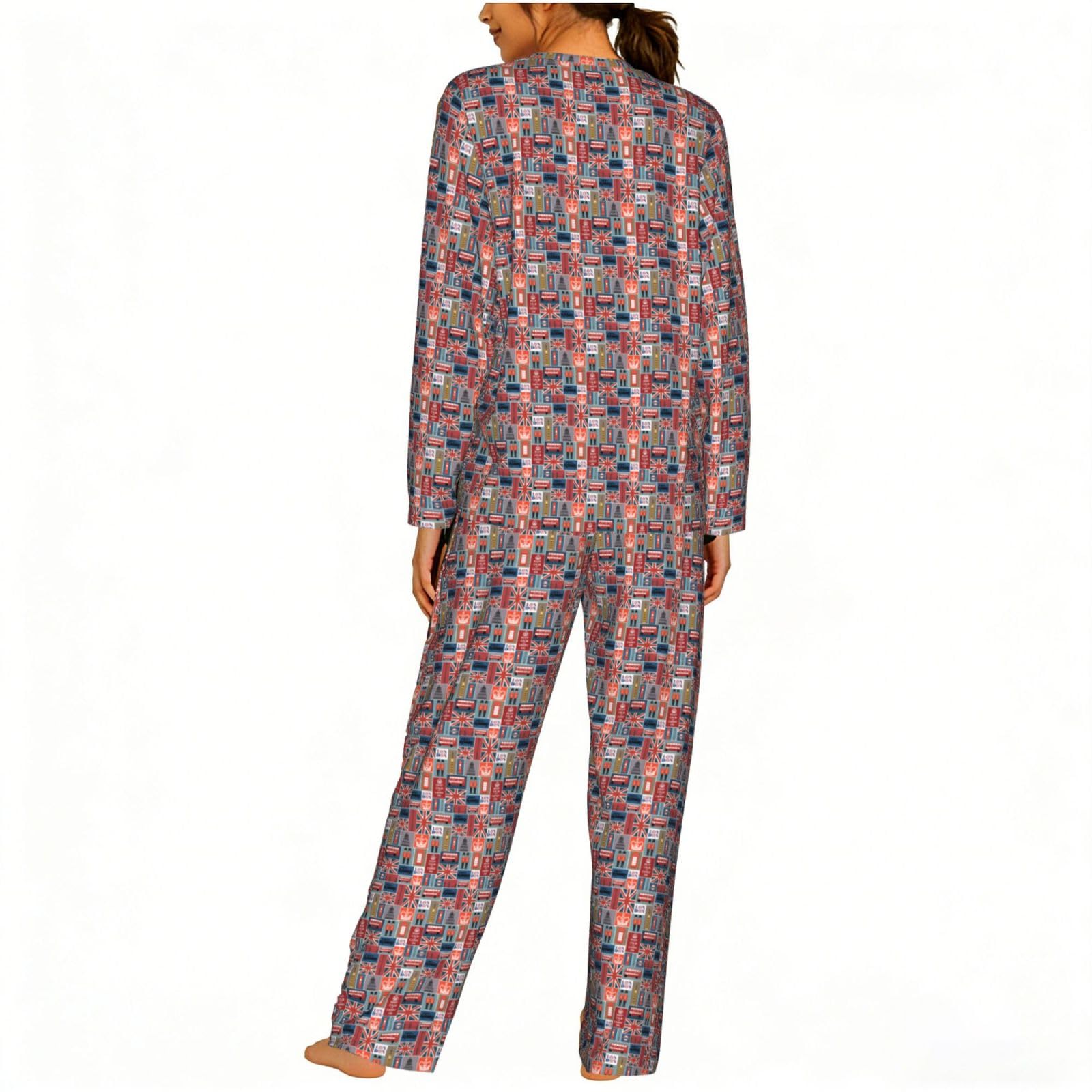 Pigiama da donna a maniche lunghe con stampa di simboli dell'Inghilterra Set morbido elastico coulisse casual Daywear