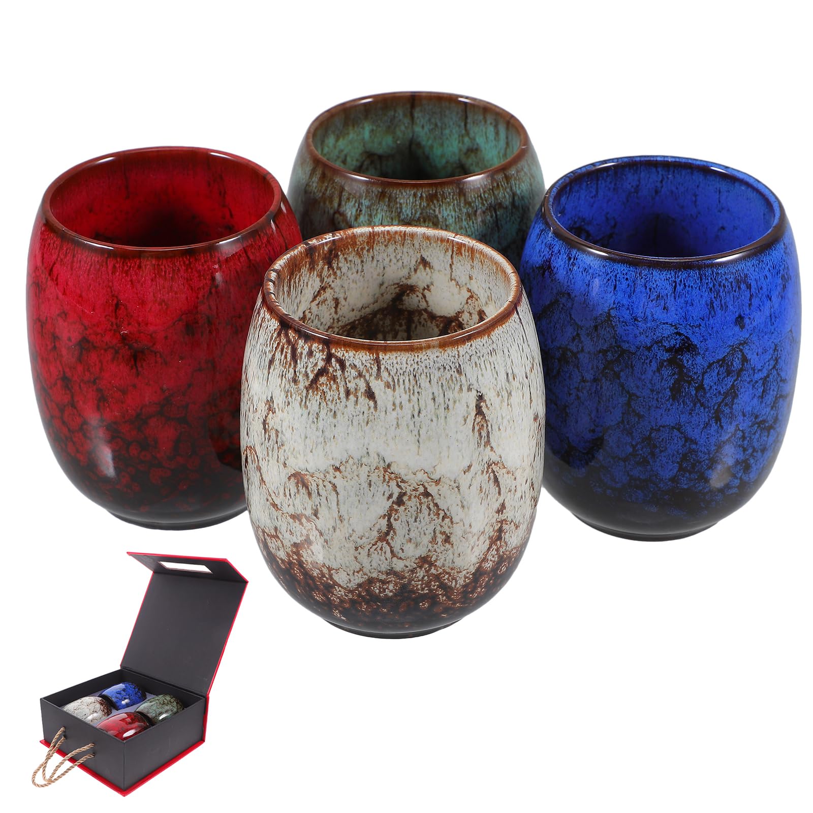Tazas de Cerámica Embalaje en Caja Estilo Japonés Juego de 4 Esmalte Tenmoku y Adecuado para Uso y Fiestas Minimalistas