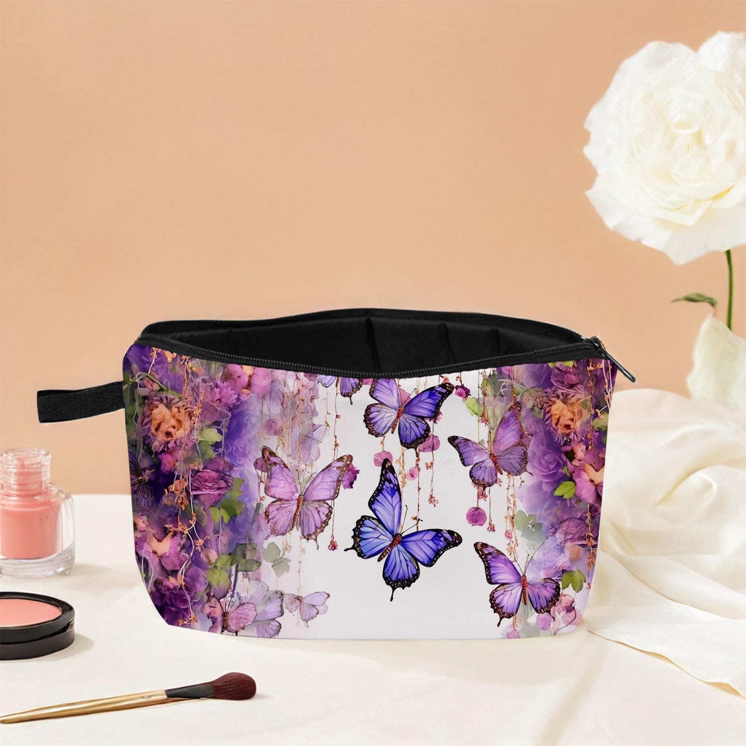 Butterfly Flower Makeup Bag for Women Travel Cosmetic Organizer Bag Teacher Appreciation Gifts Small Zipper Toiletry Bag - Image 5