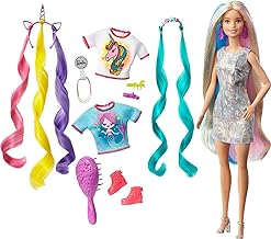 Muñeca Barbie Fantasy Hair con Accesorios, Cabello Rubido Largo Colorido con Ropa de Sirena e Inspirada en Unicornios