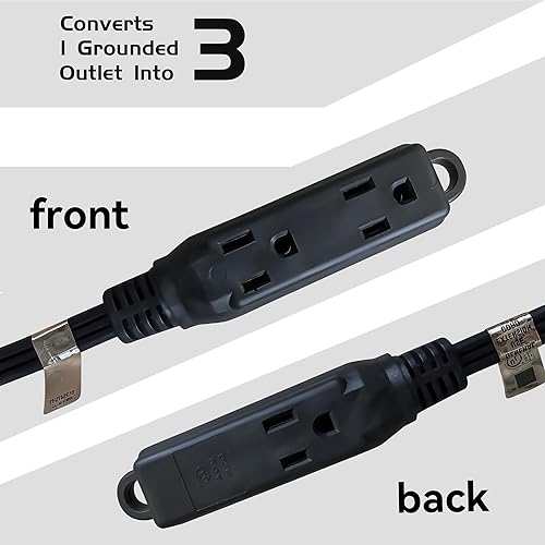 Miniatura 4 de HONDERONS - Cable de extensión negro de 6 pies y 3 salidas con enchufe plano, cable de extensión 163 SPT-3 de 3 clavijas, cable de alimentación