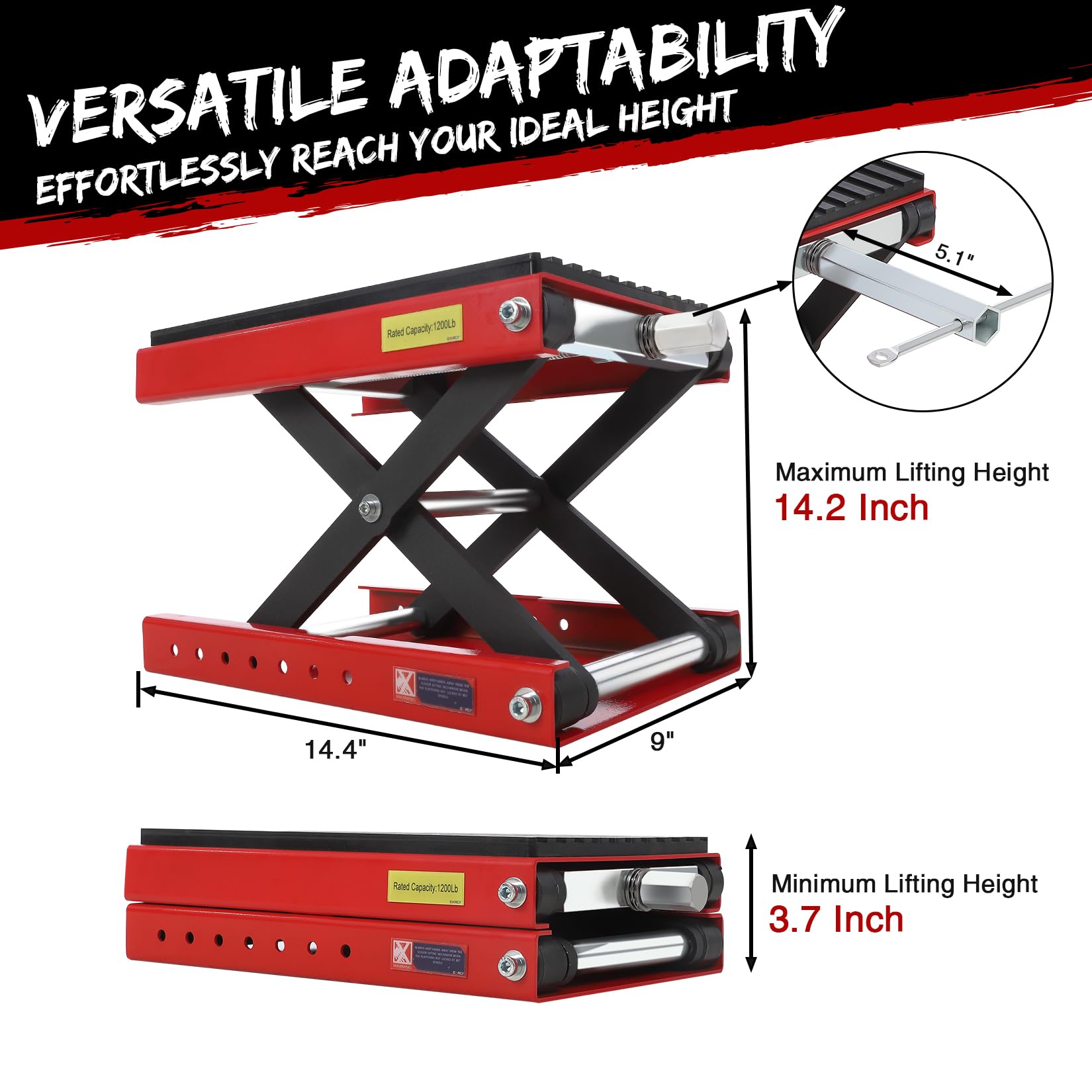 Garvee Elevador Moto 544 kg Q235 Rojo Llave Carraca Pasador