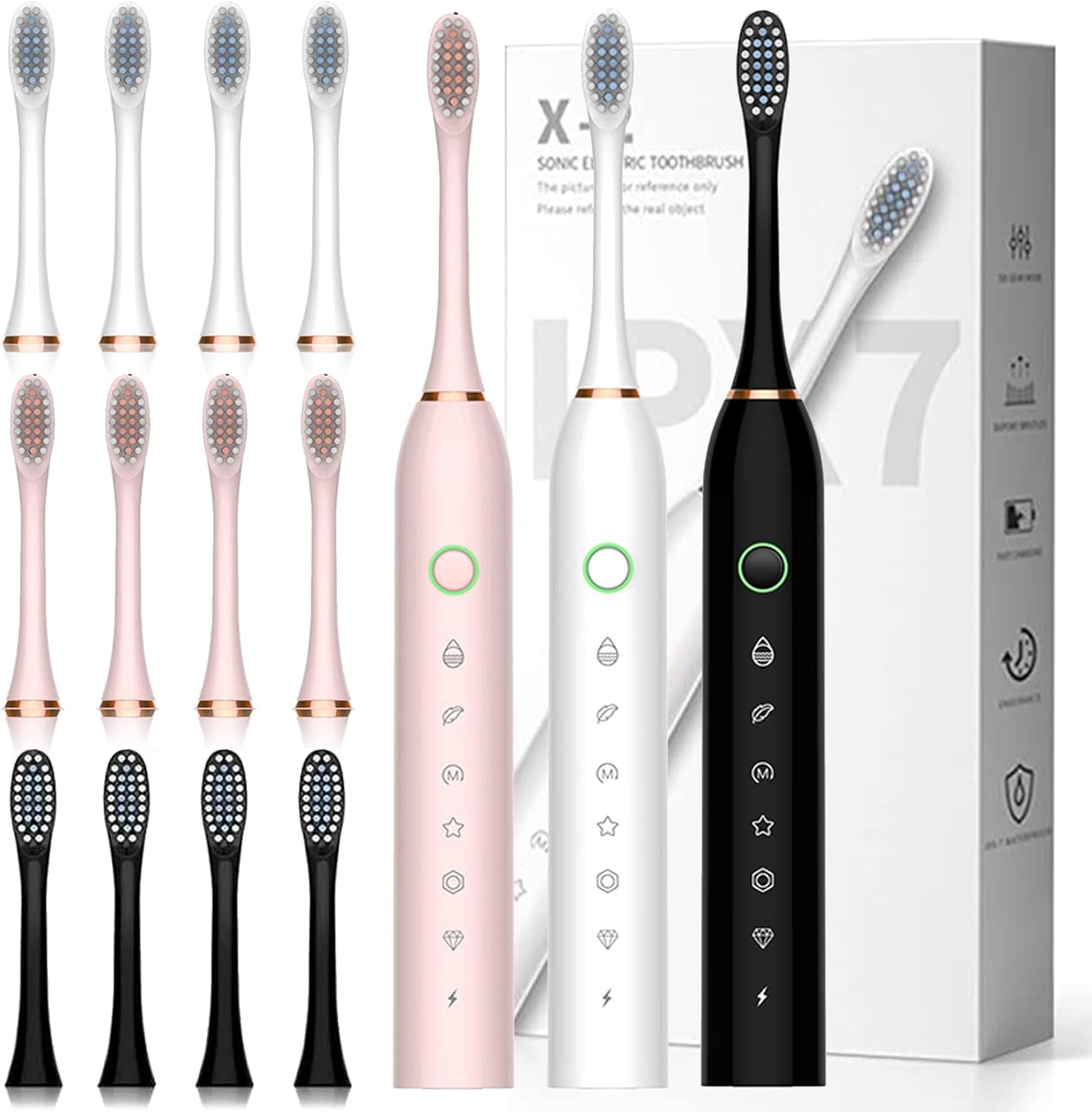 Jzxiskk Electric Toothbrush with 8 Brush Heads, 42000vpm 6 Modes IPX7 Waterproof, Soft Electric Toothbrush for Adults - 3 Pack, Black+White+Pink