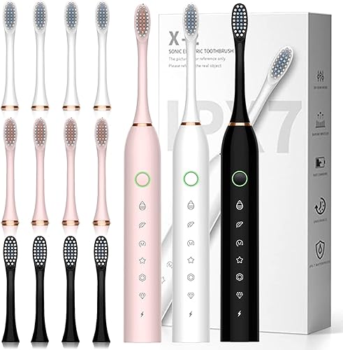 Paquete de 3 cepillos de dientes eléctricos para adultos, con 12 cabezales de cepillo, 6 modos 42000vpm, cepillo de dientes eléctrico sónico