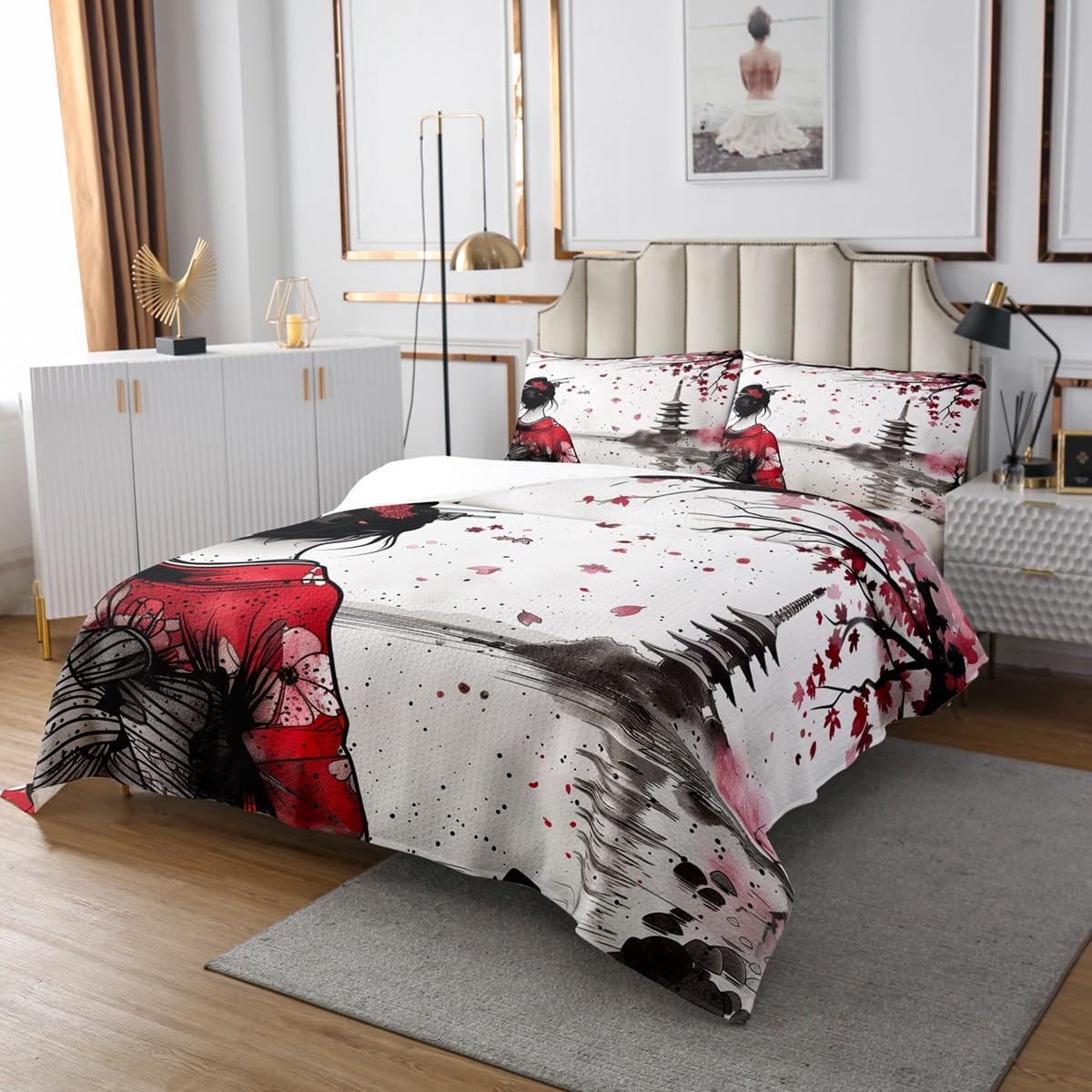 Erosebridal Japanese Bedspread Set Ukiyo Style Queen Quilt Set Geisha Cherry Blossom Coverlet Set,Japan Ink Pattern Bedding Set,for Kids Boys Girls Teens