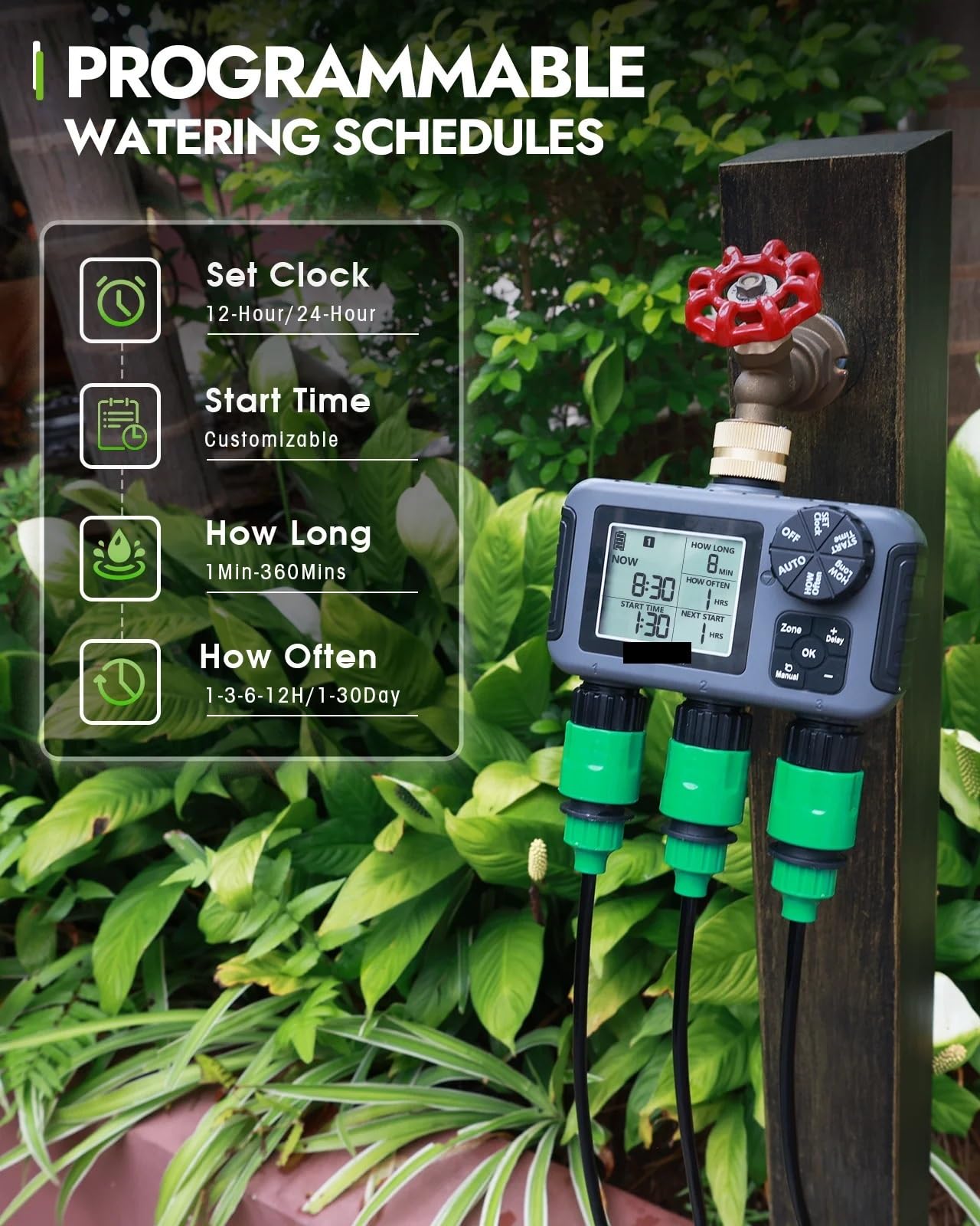 Timer automatico for irrigazione a immersione, 3 uscite, rubinetto for tubo flessibile, timer for irrigazione, programmatore di controllo indipendente for giardino e cortile