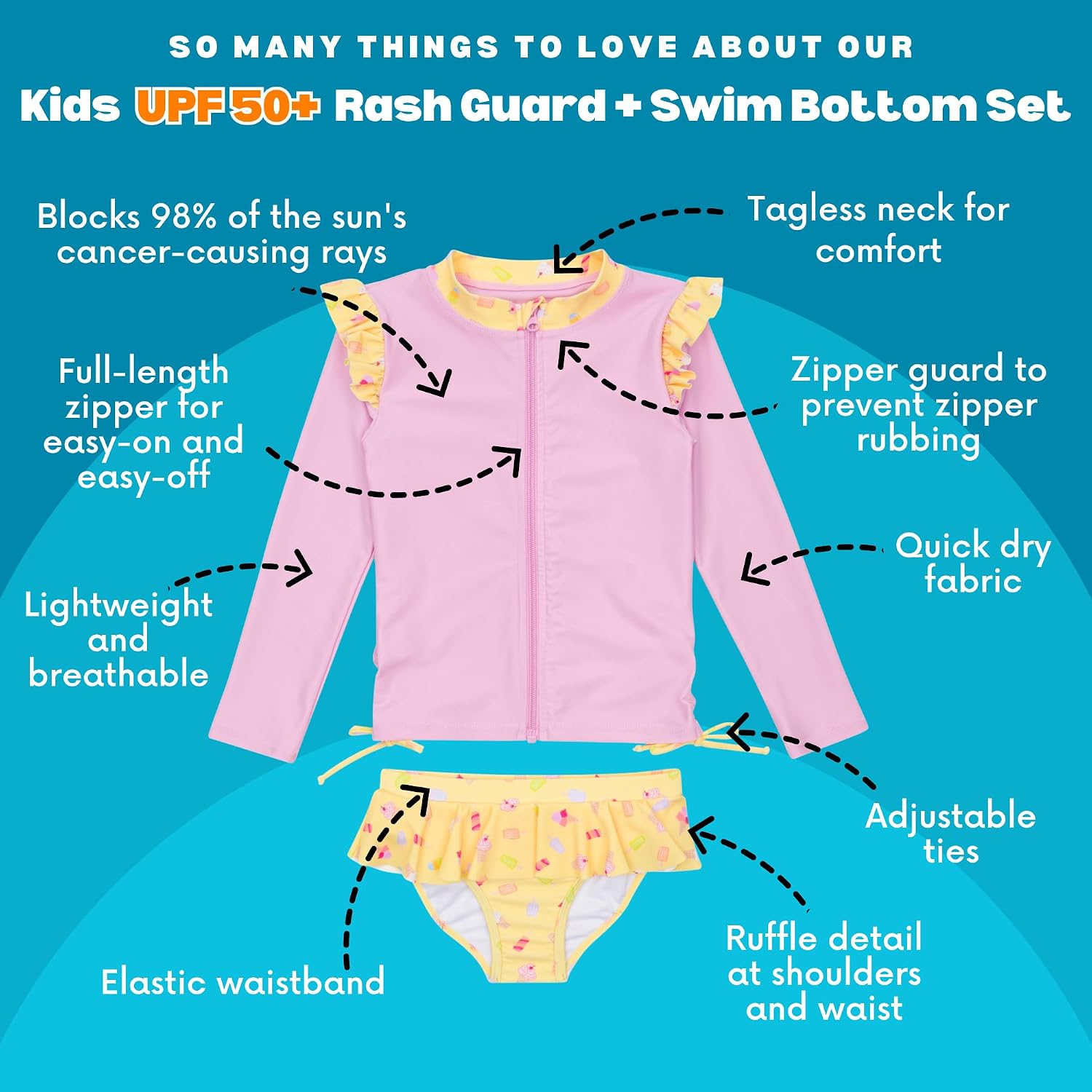 SwimZip Girls' Long Sleeve Rash Guard and Bikini Bottoms Swimsuit Set - UPF 50+