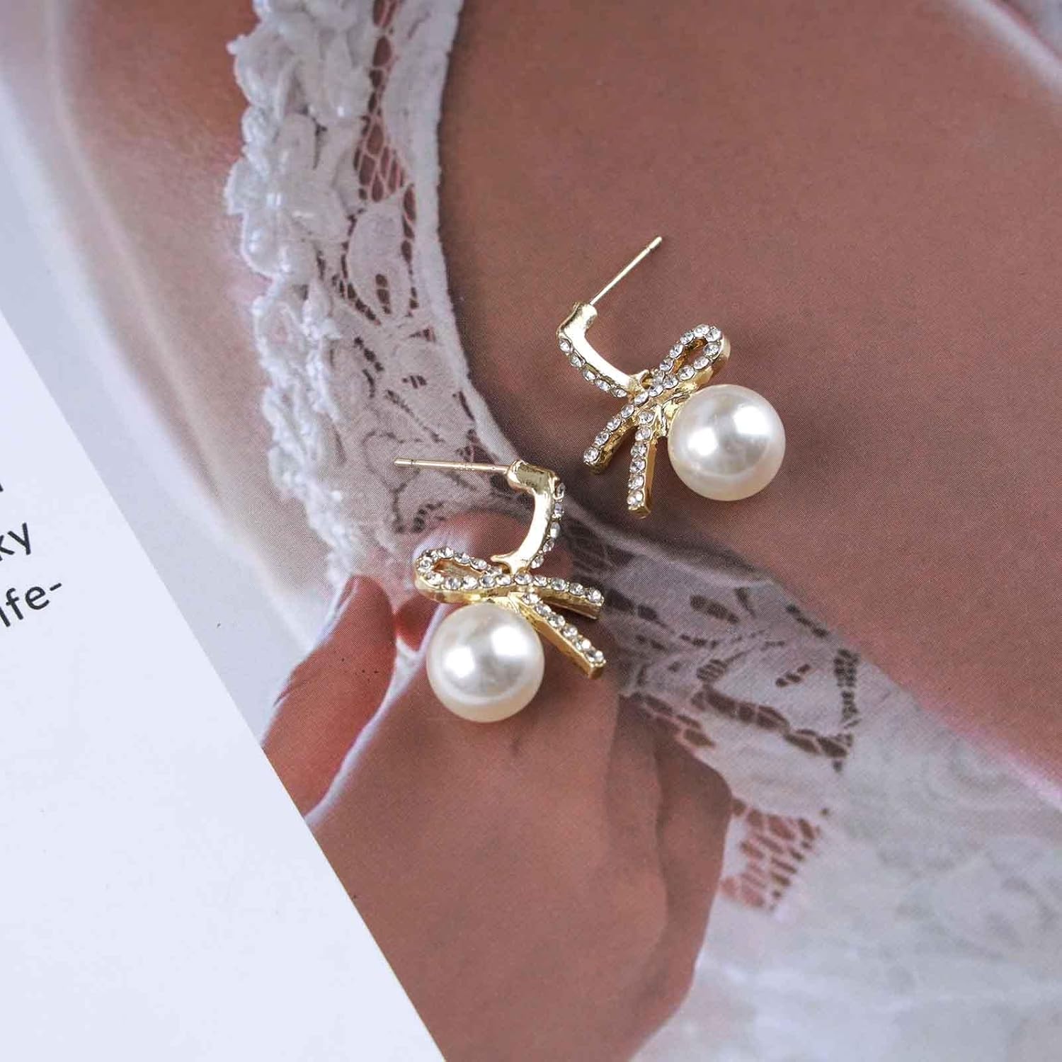 Boho Bow Pearl Drop Earrings Gold Crystal Bow Earrings Ribbon Bow Pearl Earrings Large Pearl Dangle Earrings Jewelry for Women - Image 4