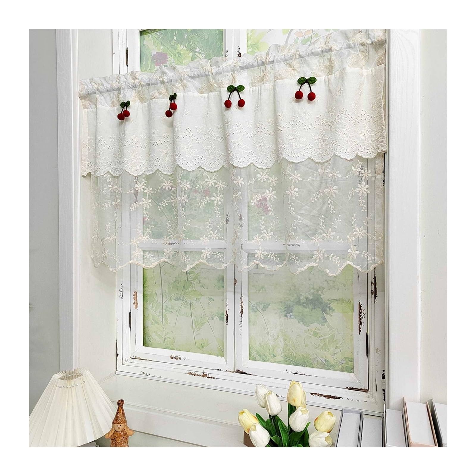 EnxJire Cupboard Curtain Exquisite Cherry Lace Tulle Short Curtain Valance Double Layer Floral Voile Roman for Kitchen Cafe Study Home Decor(ROD POCKET_1 PANEL W150XH50CM)