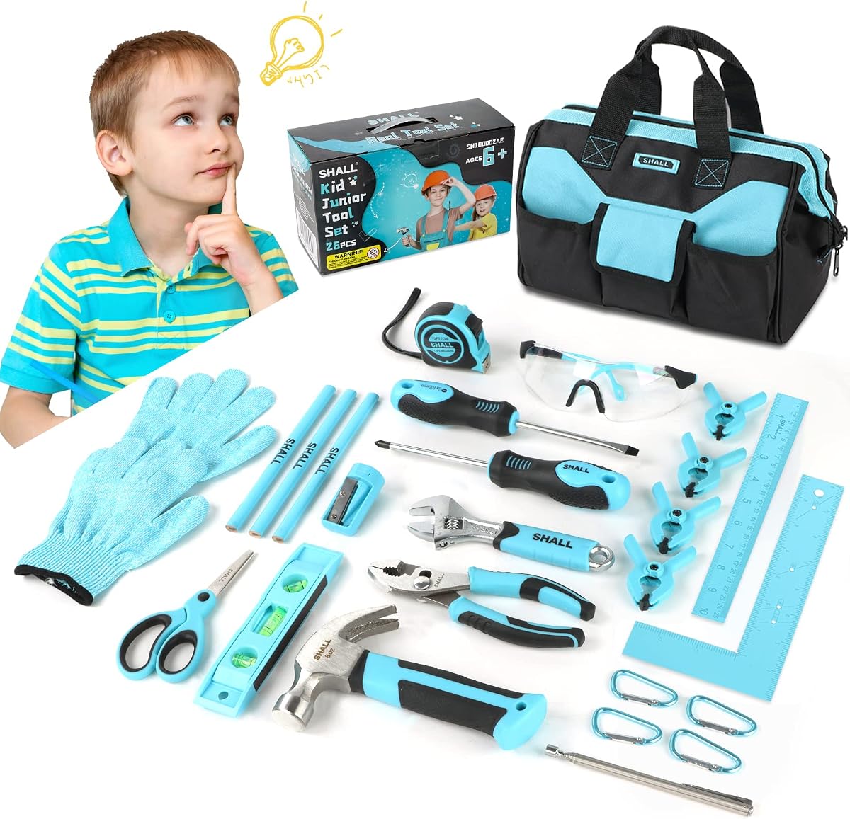 Juego de herramientas de 26 piezas para niños, kit de herramientas reales para niños con bolsa de herramientas de 12", juego de herramientas de aprendizaje para niños con certificación de seguridad con herramientas manuales para niños y niñas mayores de 6 años, construcción de bricolaje, carpintería y construcción