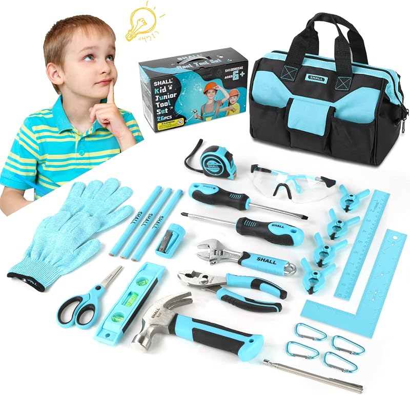 Juego de herramientas de 26 piezas para niños, kit de herramientas reales para niños con bolsa de herramientas de 12", juego de herramientas de aprendizaje para niños con certificación de seguridad con herramientas manuales para niños y niñas mayores de 6 años, construcción de bricolaje, carpintería y construcción