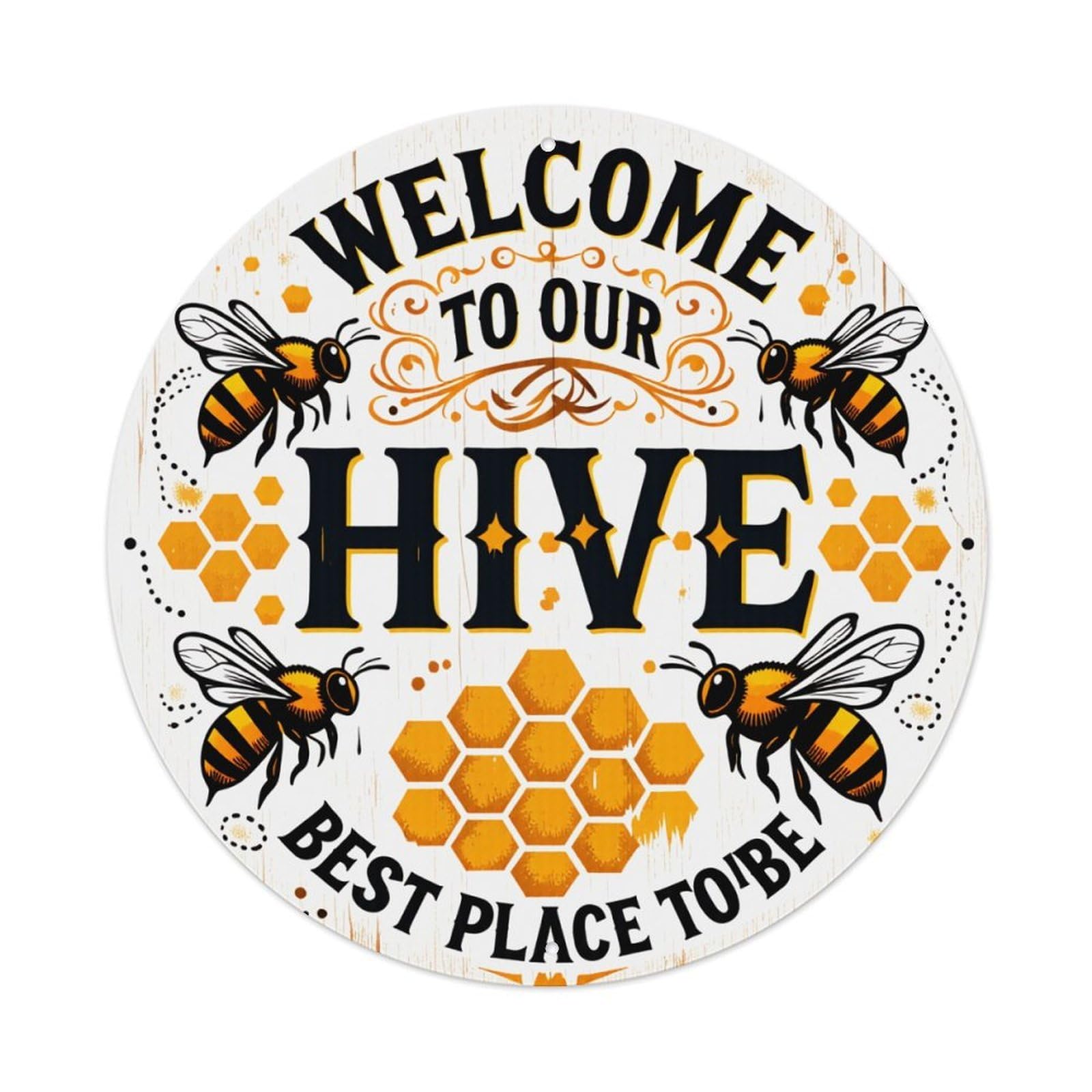 Welcome To Our Hive Best Place To Be Vintage Metal Tin Sign Retro Wall Decor for Home Bar Garage Cafe, Indoor & Outdoor Decorative，circle Metal Poster, 8x8 Inch