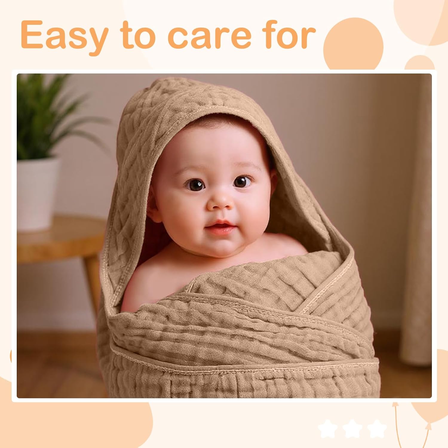 Peryiter 6 Pcs Muslin Hooded Baby Towels 32 x 32 Inch Cotton Newborn Bath Essentials Muslin Infant Blankets Absorbent Registry Gifts for Girl Boy Kids Baby Shower (Brown Series)