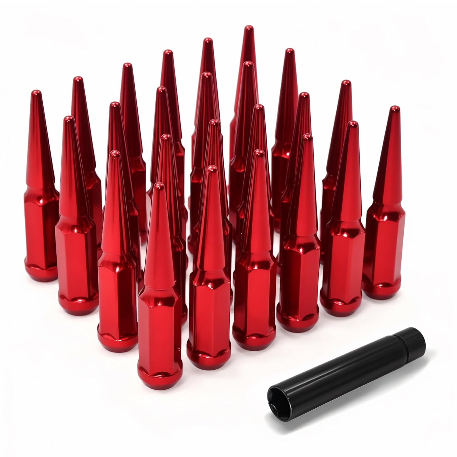 1/2"-20 Red Wheel Spike Lug Nuts, 24 PCS Lug Nut Accessories with 1 Socket Key, Thread Spiked 4.4" Long Closed End Nuts Compatible with Wrangler Cherokee Explorer 1/2"-20-24PCS Red