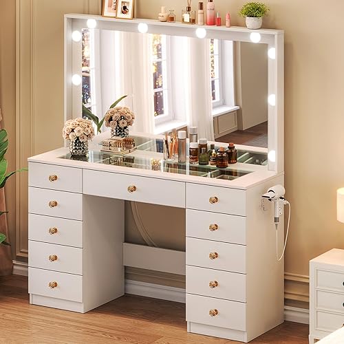 Escritorio de Tocador con Espejo Grande y 10 Luces LED, Escritorio de Maquillaje con Superficie de Cristal con 11 Cajones y Toma de Corriente