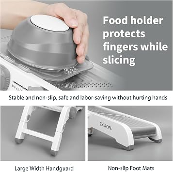 ZKIRON Large Mandoline Slicer for Kitchen - Professional Stainless Steel Onion Slicer & Cabbage Shredder, Integrated 2-in-1 Blade for Waffle & Smooth Cuts, Safety Hand Guard Included (Gray)