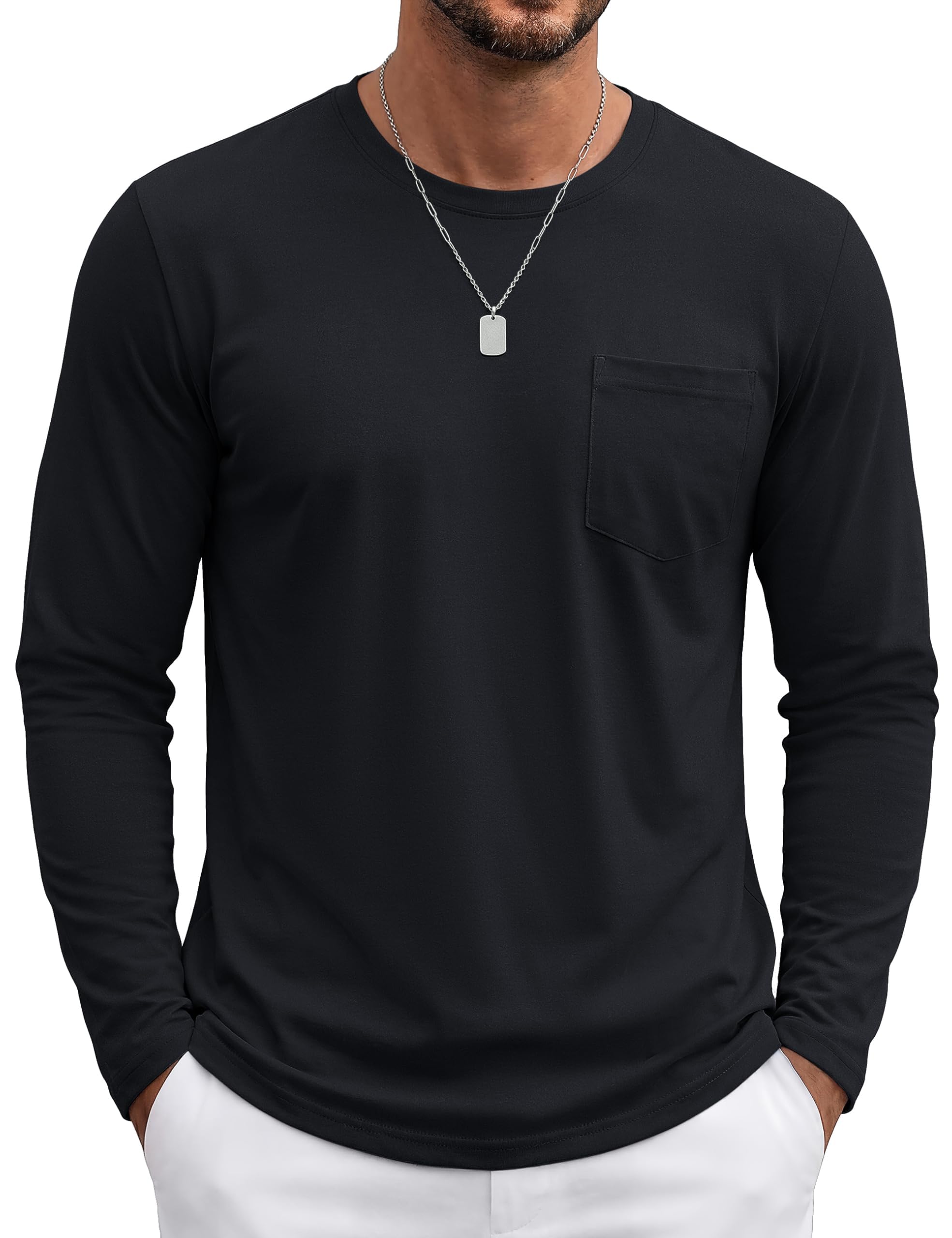 TACVASEN Herren Baumwolle Tshirt Rundhals Langarmshirt Einfarbige Work Sweatshirt Atmungsaktiv T Shirts Mit Brusttasche