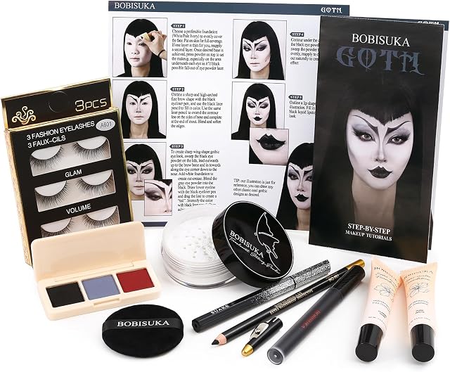 Maquillage Goth d'Halloween, Ensemble complet de maquillage Goth avec White Foundation, Rouge à lèvres noir, Dark Smokey Eyeshadow Kit pour SFX Maquillage gothique, Cosplay, Costume Party, Théâtre et Film
