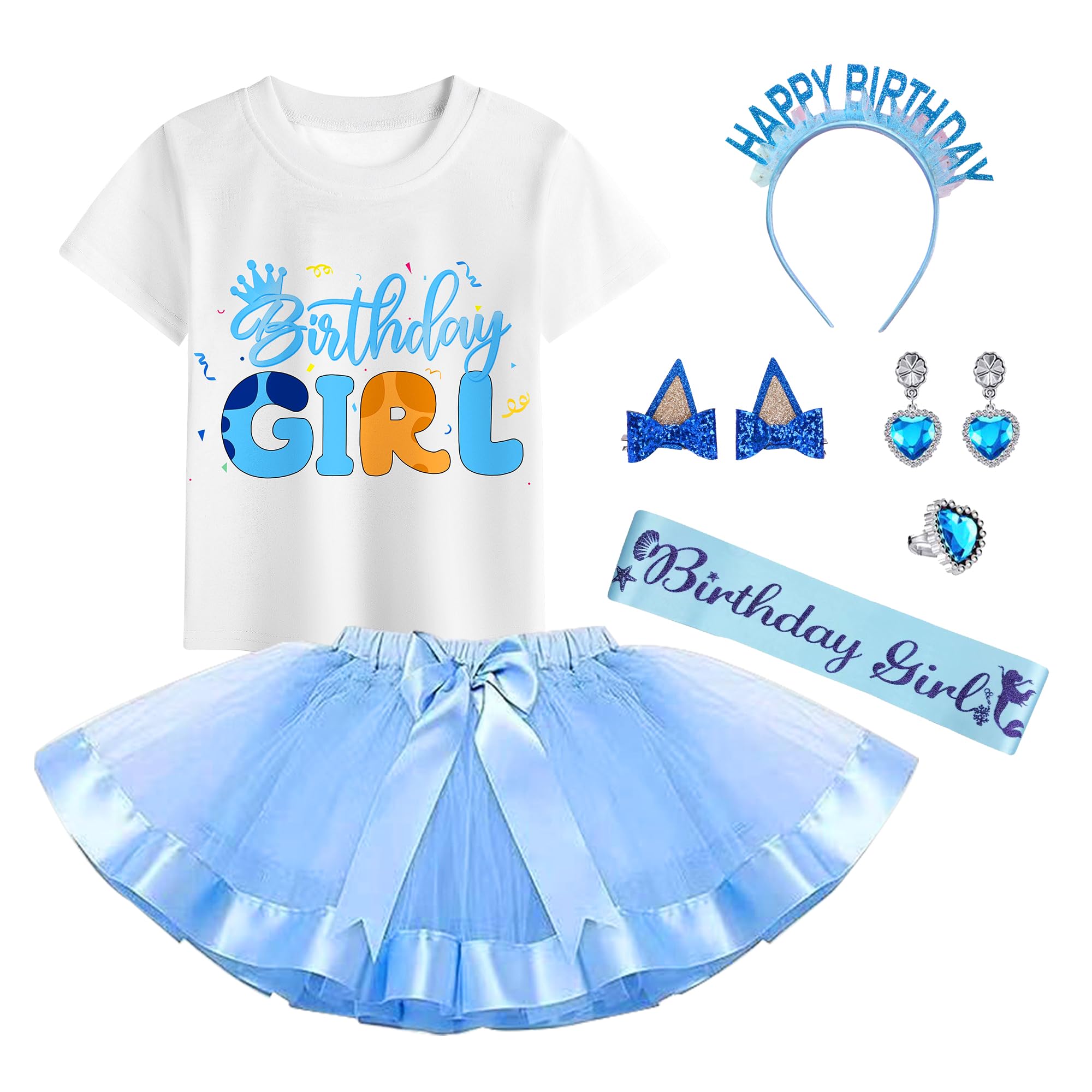 DAISYDUDS Girls Birthday Outfit Set Halloween Costume Tutu Skirt Dress, Birthday T-Shirt, Headband，Satin Sash And Hairpin