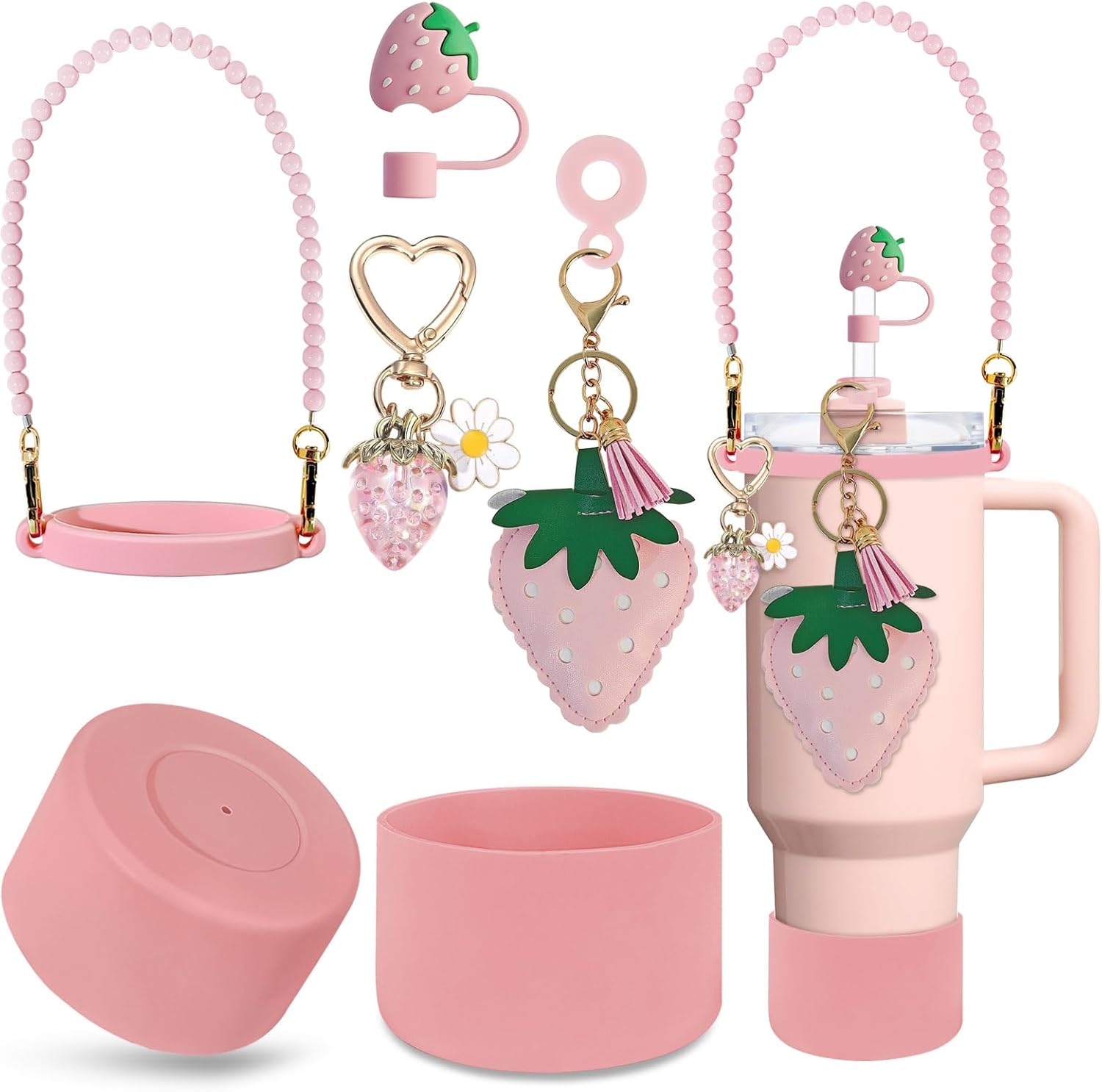 7PCS Strawberry Stanley Cup Accessories, Water Bottle Handle Strap for Stanley 30/40 oz, Including Straw Toppers, Silicone Cup Boot, Keychain Charms, Cup Decoration for Women Girls
