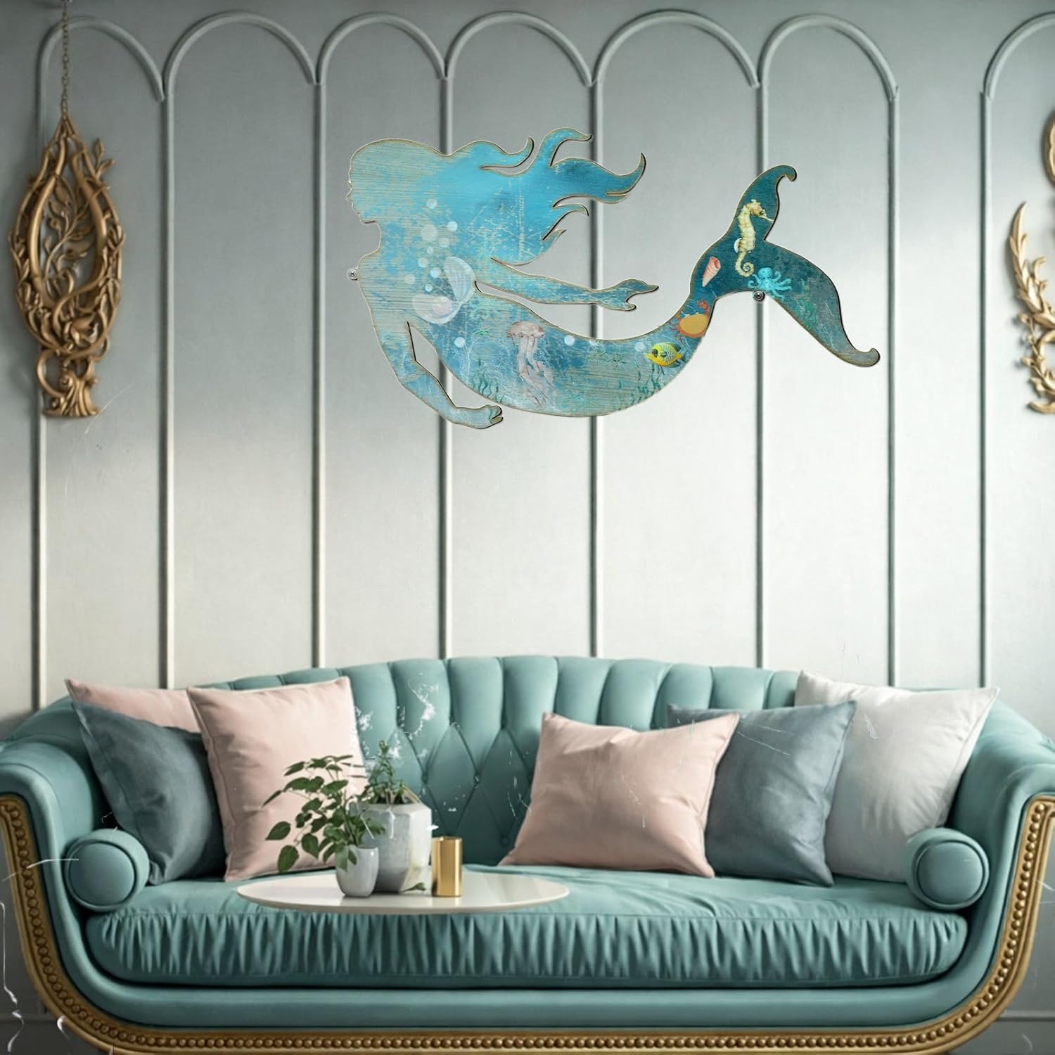 Demissle Metal Mermaid Wall Art Mermaid Hanging Art Sculptures Ocean Themed Wall Decorations Indoor Outdoor for Bathroom Kitchen Garden Pool Patio 15 x 9.7 Inches(Classic Style) - Image 5