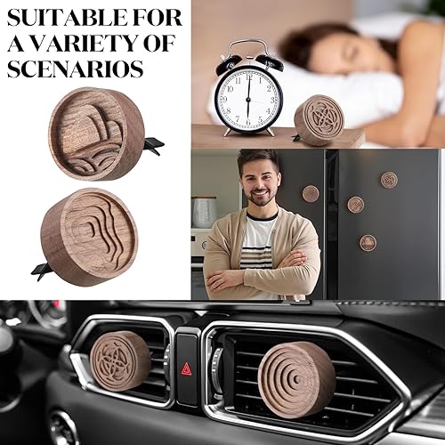 Miniatura 7 de Difusor pasivo de aromaterapia de madera para automóvil, 4 unidades, con clip de ventilación, ambientador redondo de madera de nogal, regalos de
