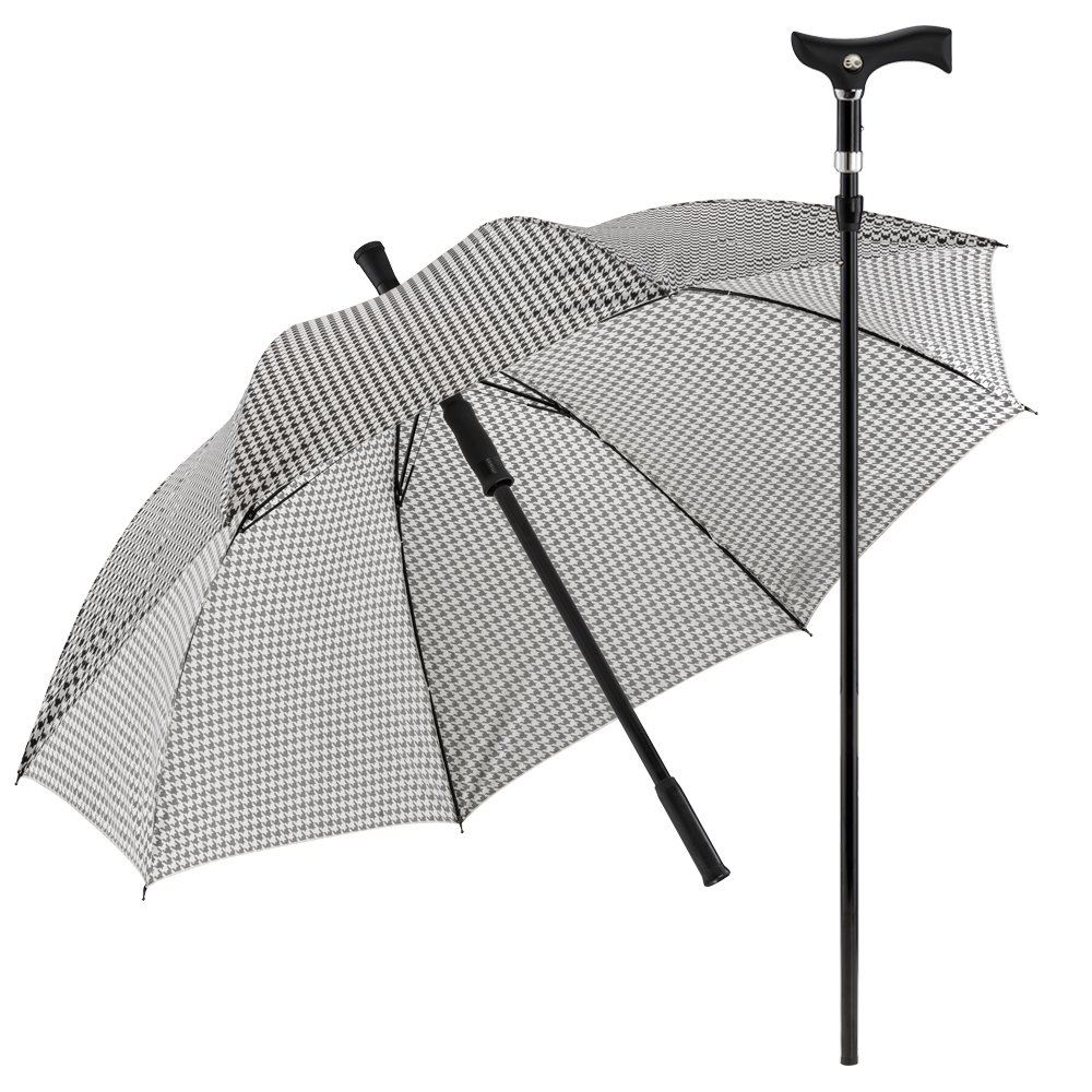 Ossenberg Stockschirm Twin mit Fritzgriff – Ø 105cm – 2 in 1 Gehstock & Regenschirm – Handstock, Gehhilfe, Gehstütze – höhenverstellbar - Design Hahnentrittmuster