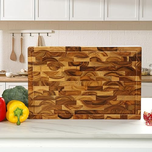 Miniatura 3 de YUSOTAN Tabla de cortar de madera de grano final de acacia y goma (17 x 11 x 1.6 pulgadas), tabla de cortar de madera de acacia, bloque de