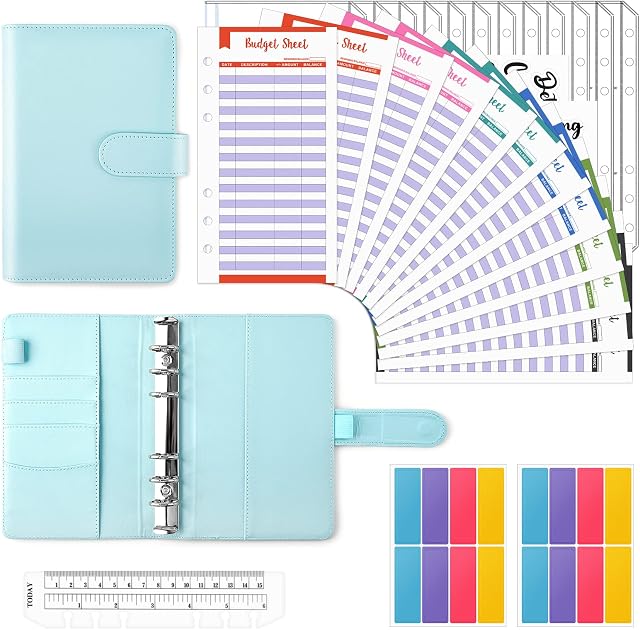 Maomaoyu 30PCS A6 Ring Binder Budget Planner, 6 Holes Budget Binder with Clear Plastic Money Envelopes Organizer Binder Envelopes, Budget Sheets, Label Stickers, Blue