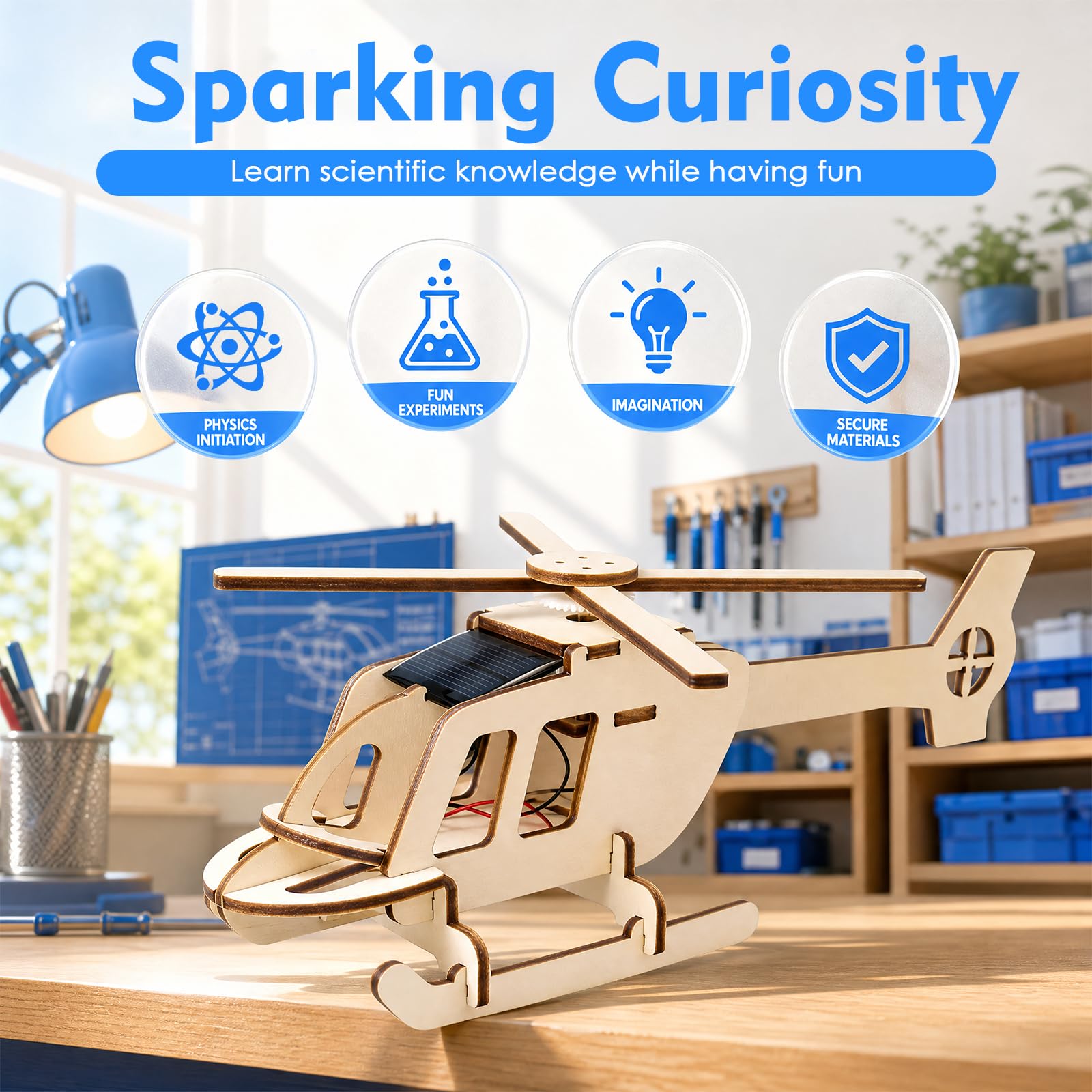 Kit Hélicoptère Solaire En Bois - Maquette Éducative STEM, Puzzle Créatif à Assembler