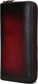 Full Grain Leather Clutch Wallet for Women with Phone Holder, Handcrafted Credit Card Holder Zipper Wallet with Multiple Compartments (Black Blended Red)
