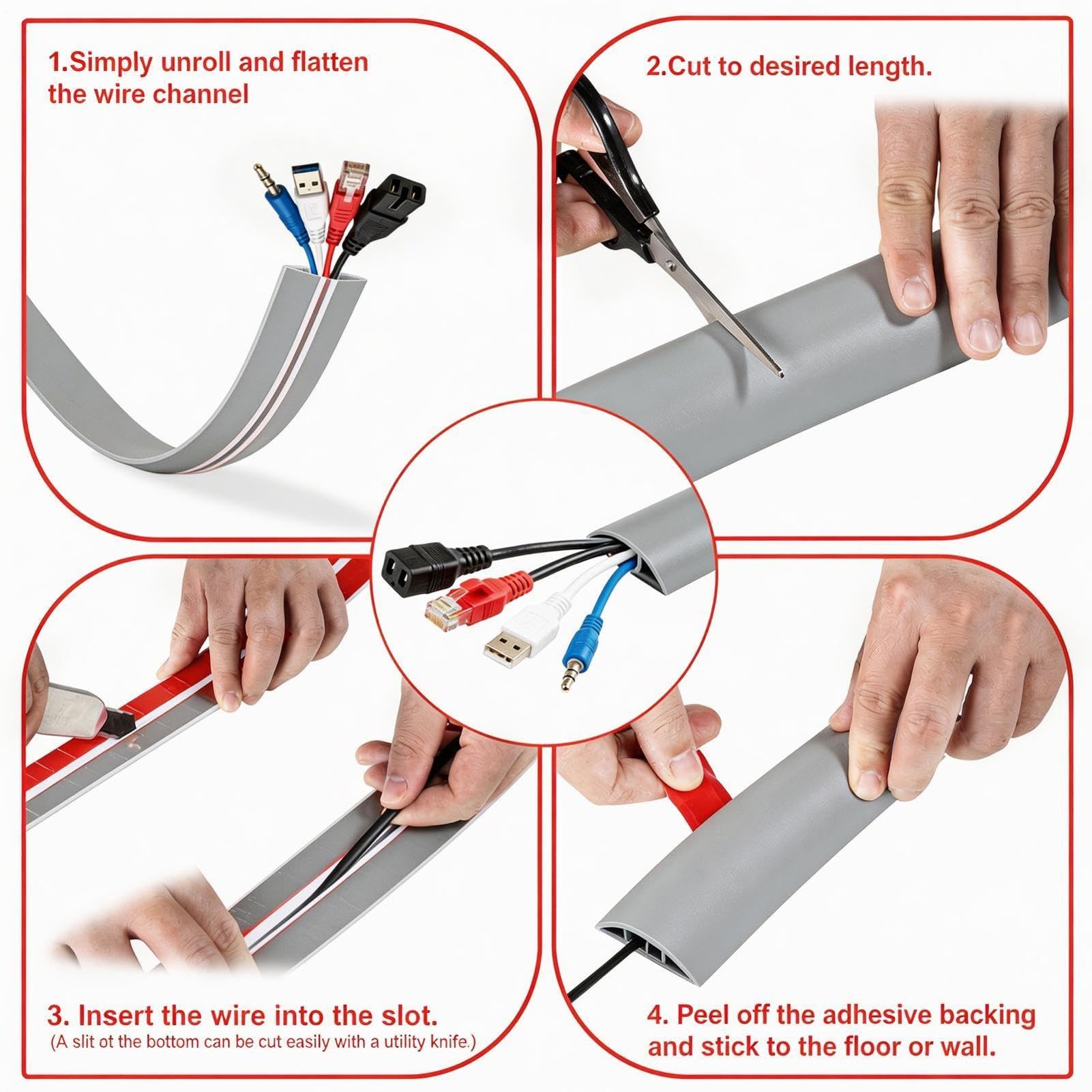 Canalina autoadesiva per cavi, 20 m, larghezza 5 cm, in PVC, facile da tagliare, protegge da inciampare, per parete, pavimento, scrivania