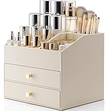 VLANDO Makeup Organizer for Vanity,Large Capacity Countertop Organizer with Drawers, PU Leather Cosmetic Display Case for Lipstick,Brushes,Skincare,Bedroom Storage (Beige)