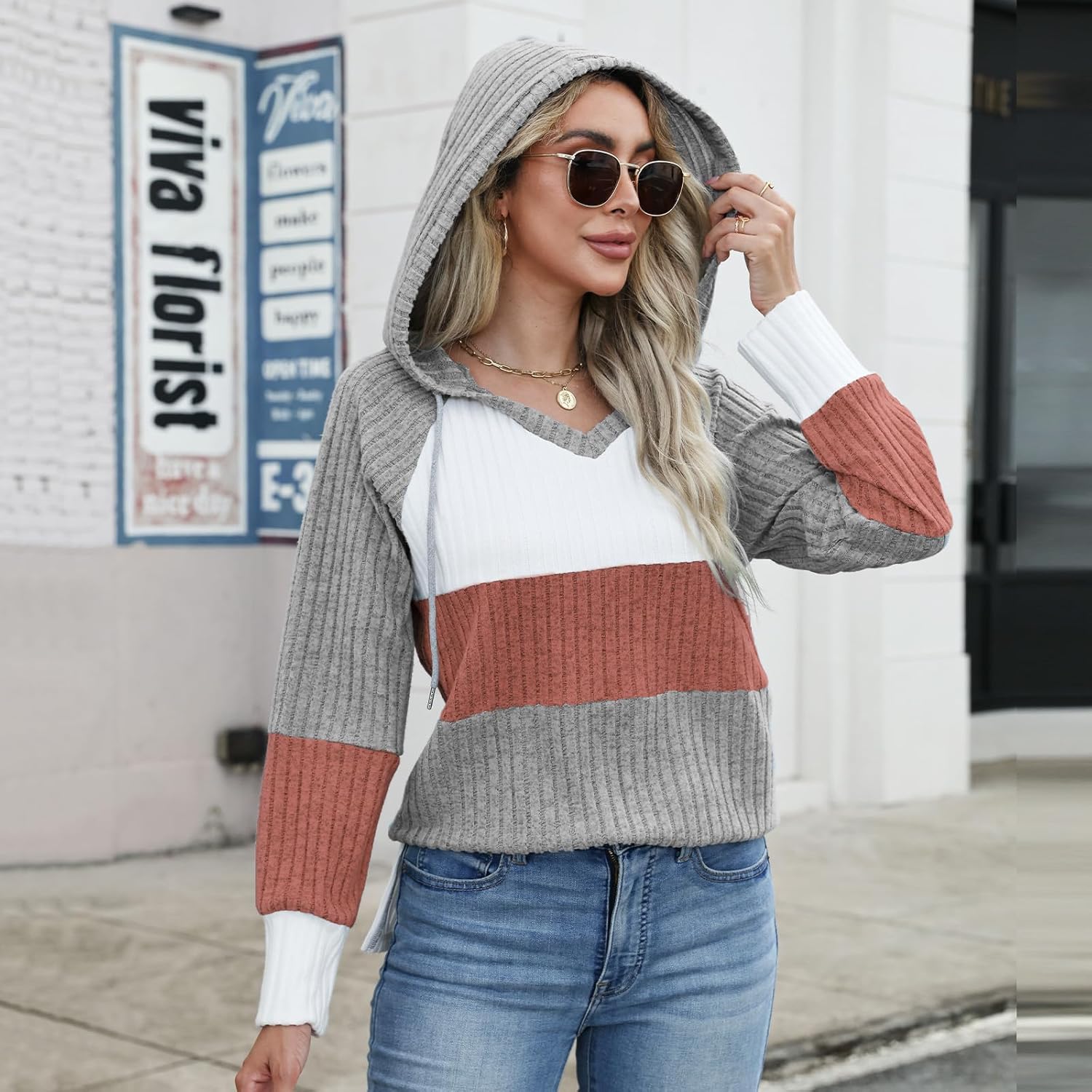 Sweaters for Women Fall Winter Color Block Tops Long Sleeve Hoodie Loose Casual Fashion Pullover Clothes - Image 3