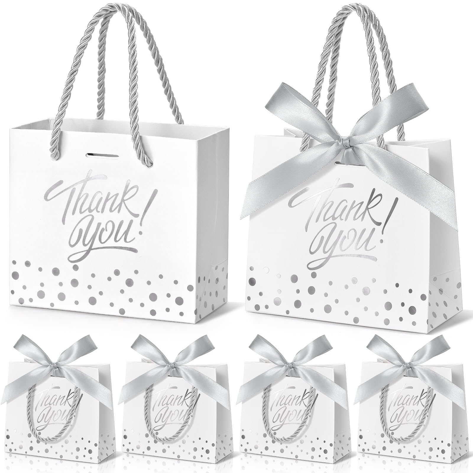 EQOREIIN Small Thank You Gift Bags 50pcs 5.5x2.5x4.7 Inches Mini Gift Bags with Handles Bow Ribbon Tiny Paper Bag for Party Favor, Mother's Day，Valentine's Day, Wedding, Baby Shower (white，silver)