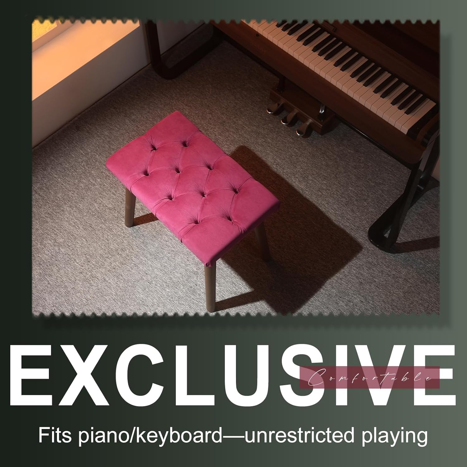 AKLOT Velvet Upholstered Piano Bench: Rubberwood Legs with 300-Pound Load Capacity, Ergonomically Set Seat Height, Easy Assembly, Purpose Keyboard Stool for Vanity, Bedroom and Living Room (Wine Red)