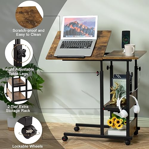 Miniatura 9 de Hadulcet Mesa C ajustable con estación de carga, escritorio inclinable en forma de C para sofá, mesa sobre la cama con ruedas de altura ajustable,