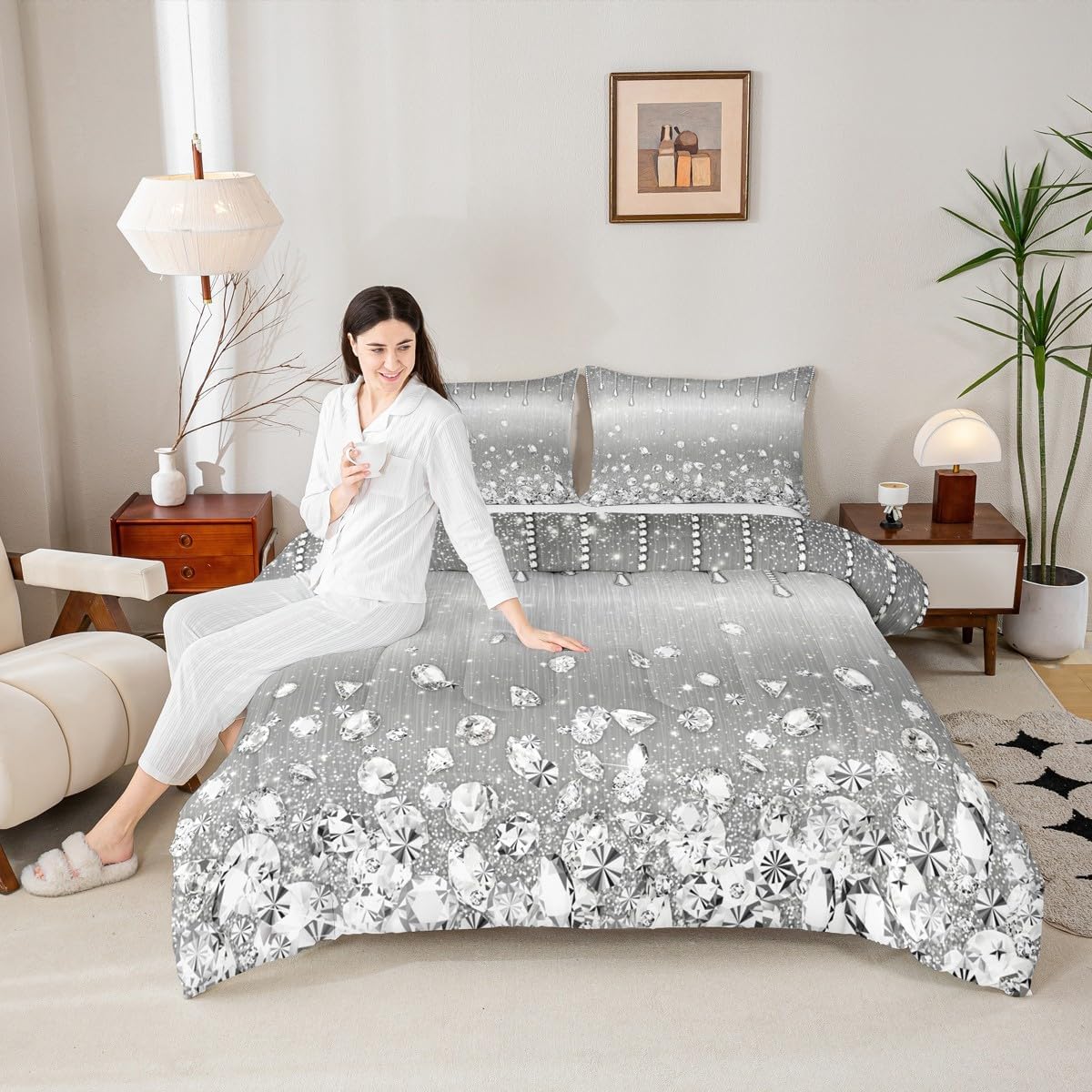 Geometric Ombre Stripes Comforter Set Queen Size,Silver Glitter Sequin Diamond Bedding Set,Kids Girls Boys Adults Room Decor,Princess Dreamy Down Comforter,Gray Romantic Duvet Insert,2 Pillowcases