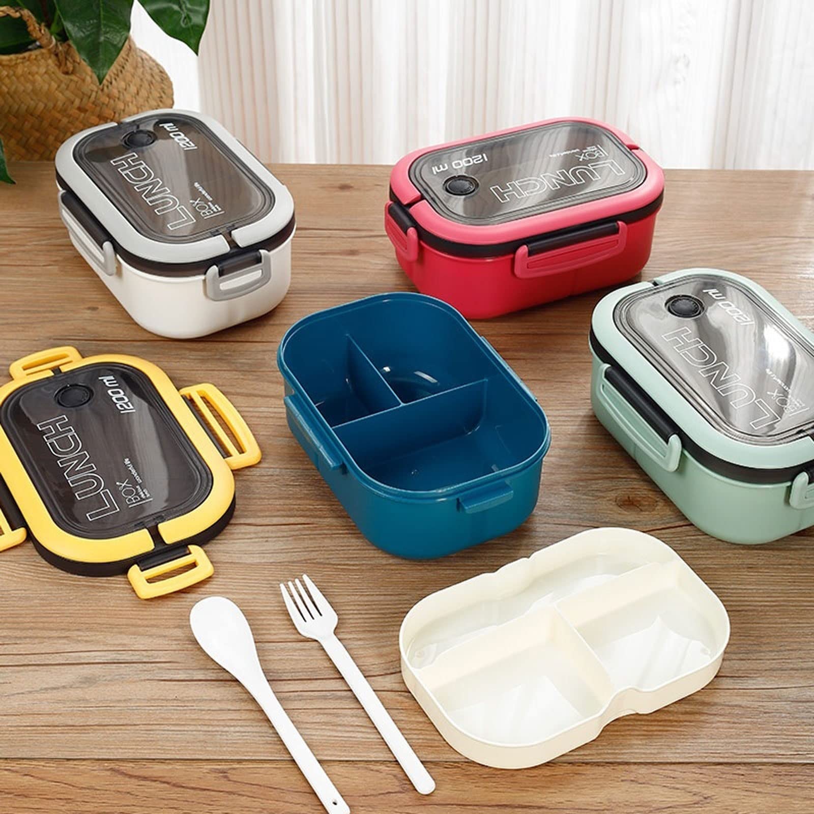 JINGYAN Boîte à bento Lunch Box Layers Grids Office Worker Microwave Hermetic Bento Box Outdoor Picnic Fruit Food Container with Fork Spoon(Red)